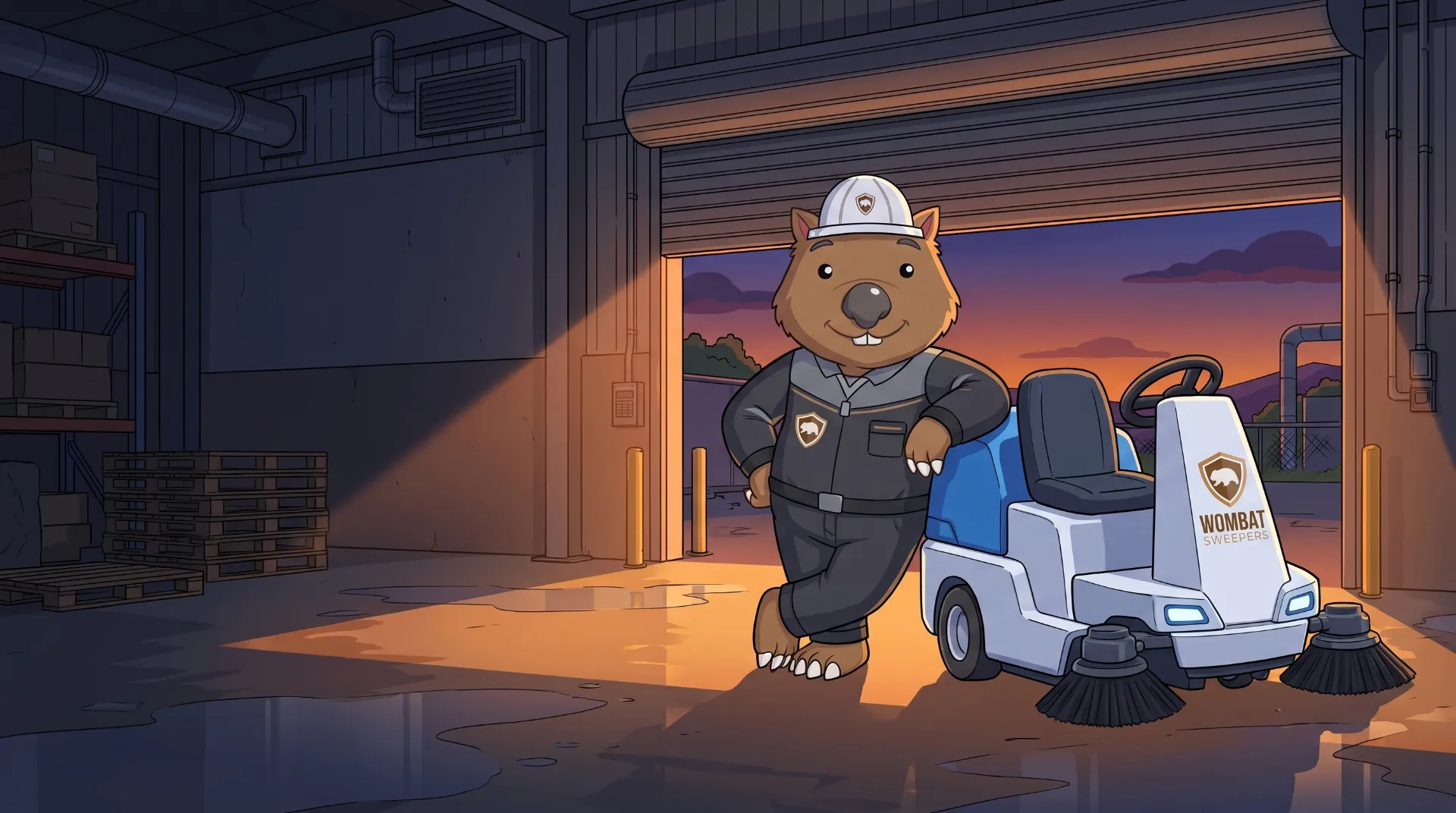 Wombat Sweepers mascot leans on a ride-on floor scrubber in a client warehouse at dusk