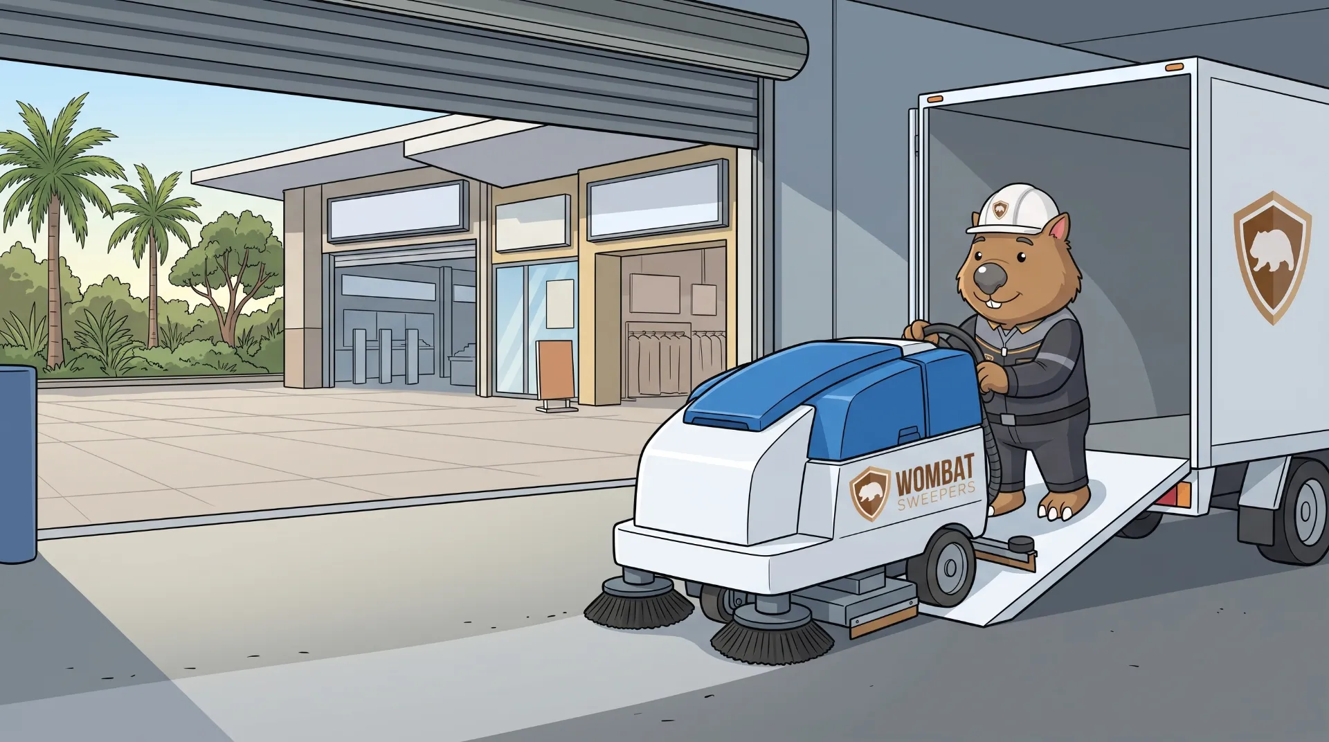 Wombat Sweepers mascot guides a ride-on floor scrubber off a delivery trailer at a commercial building