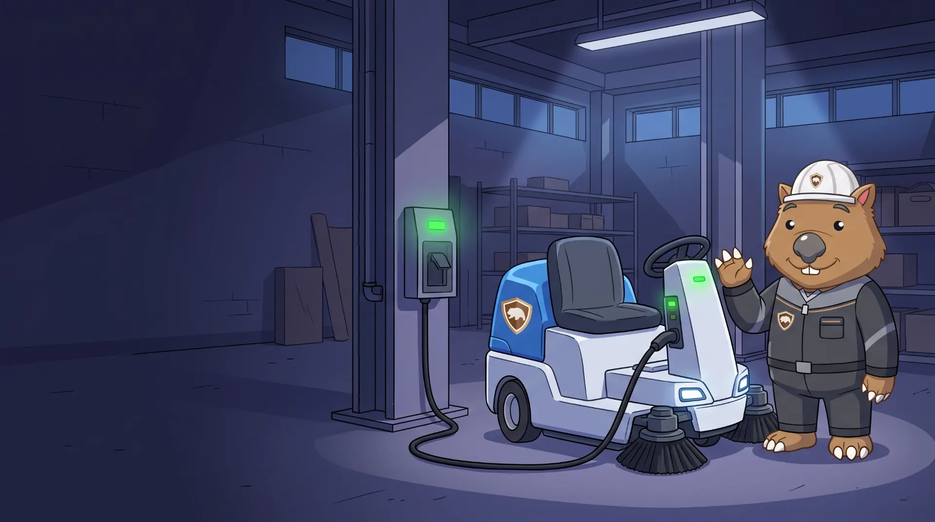 Wombat Sweepers mascot waves beside a ride-on floor scrubber charging in a facility bay at night