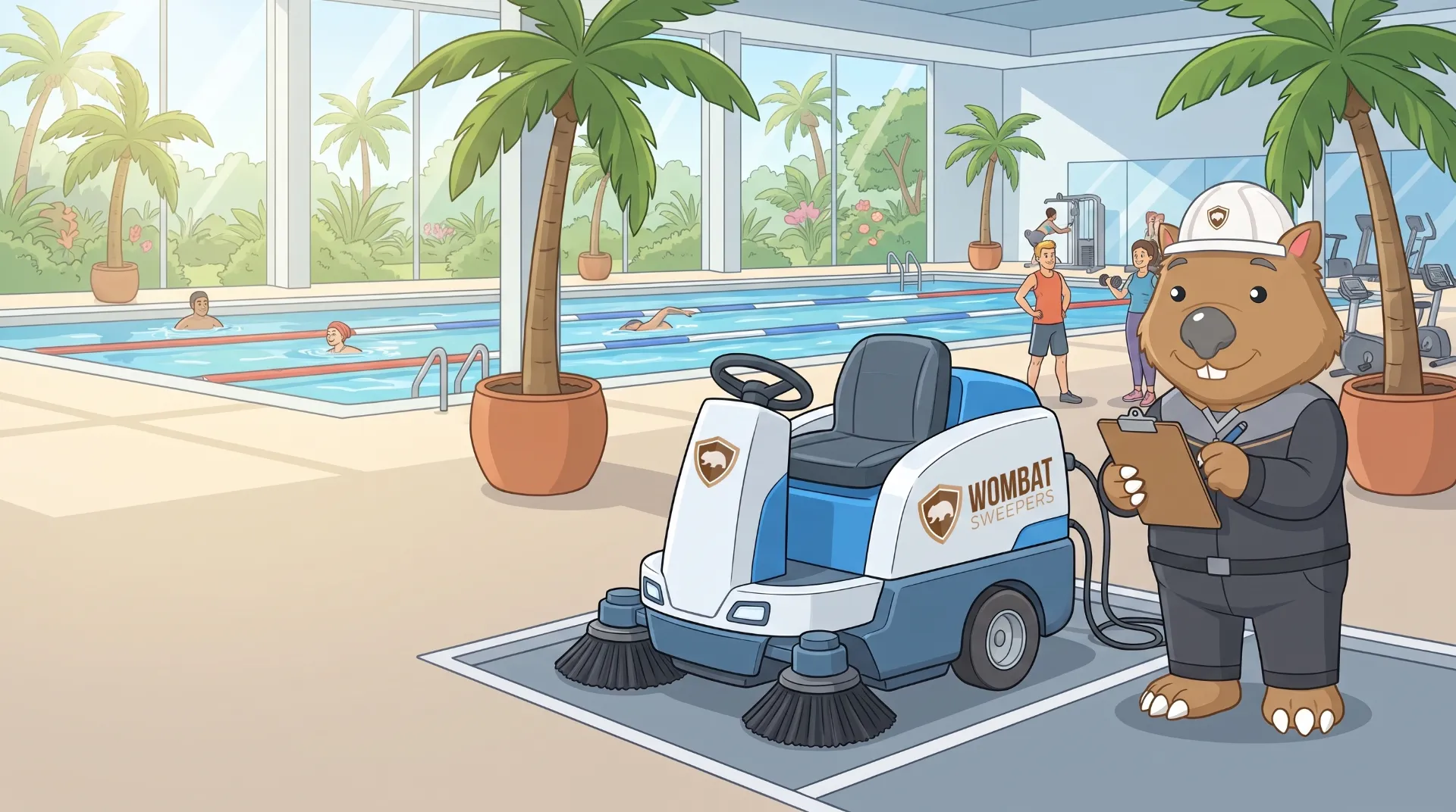 Wombat Sweepers mascot stands with a clipboard beside a ride-on floor scrubber parked in its own charging bay inside a large facility, a long-term rental