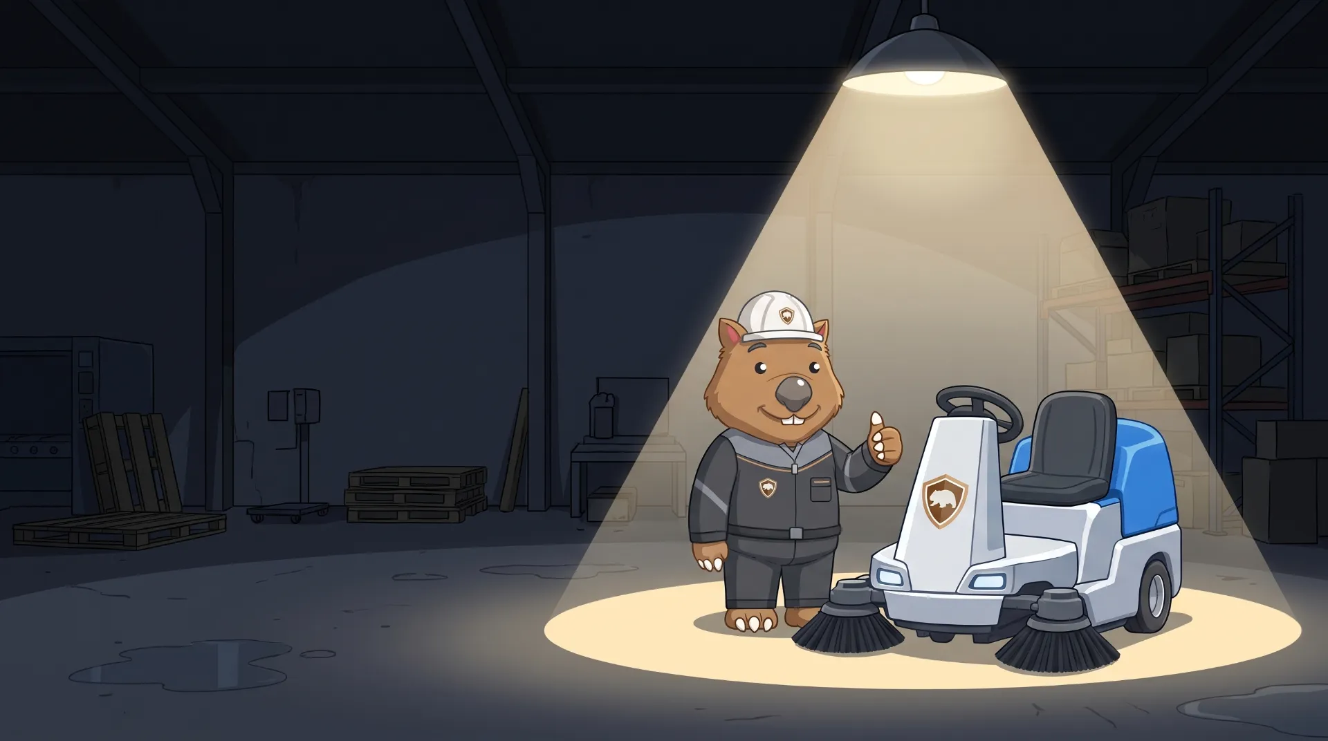Wombat Sweepers mascot gives a thumbs up beside a ride-on floor scrubber under high-bay lights at night