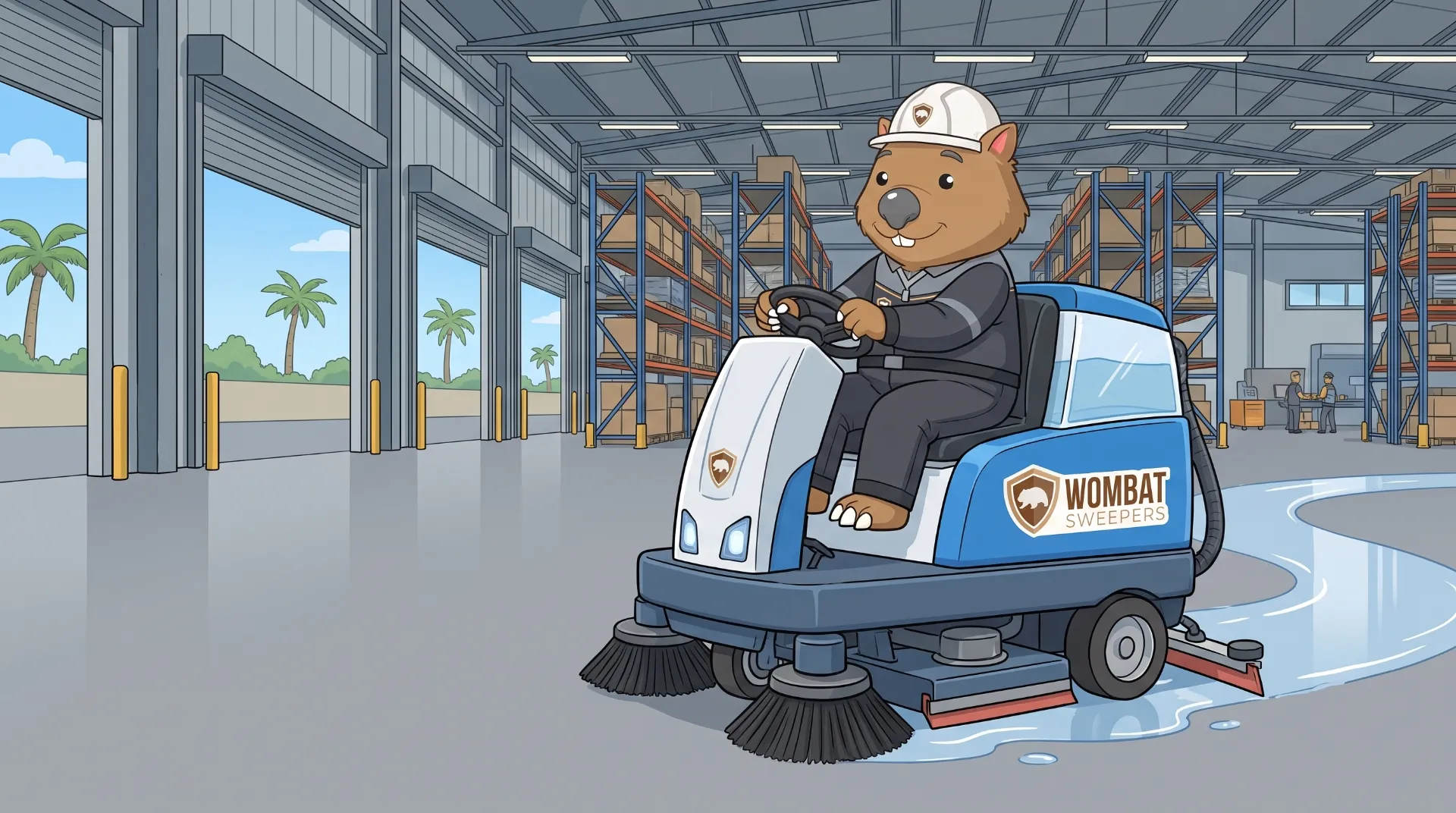 Wombat Sweepers mascot drives a ride-on floor scrubber across a vast concrete slab, detailed side view of the machine