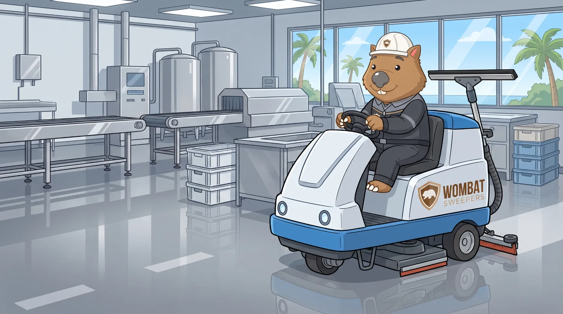 Wombat Sweepers mascot drives a ride-on floor scrubber across a glossy epoxy-sealed floor in a modern food-processing facility