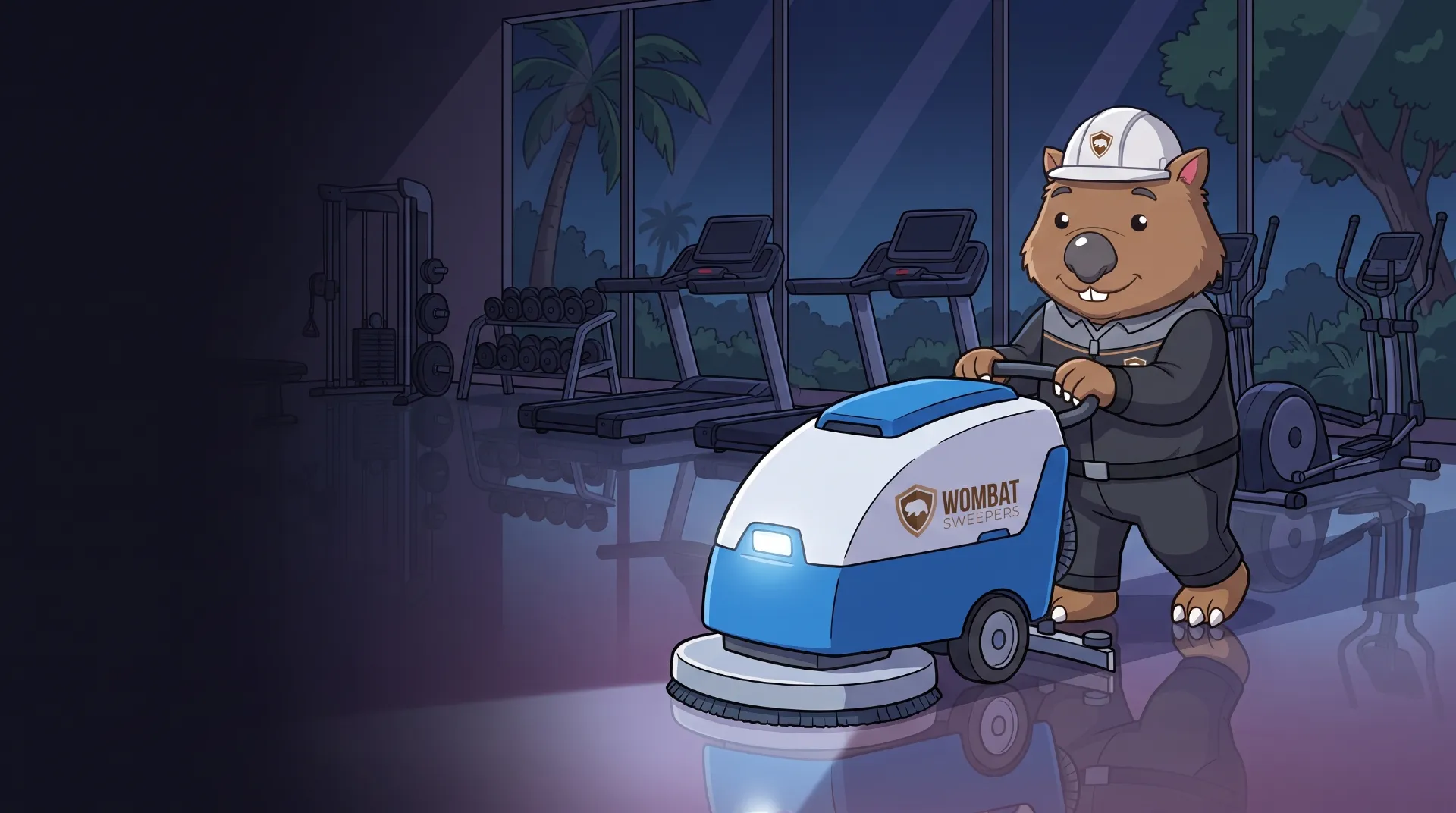 Wombat Sweepers mascot drives a walk-behind floor scrubber across a reflective sealed floor at night