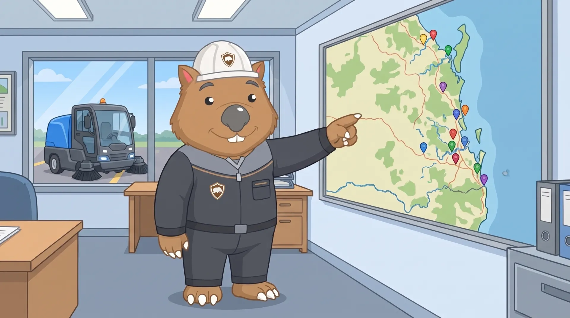 Wombat Sweepers mascot stands beside a large wall map of South East Queensland with pins, pointing at it, in the depot office