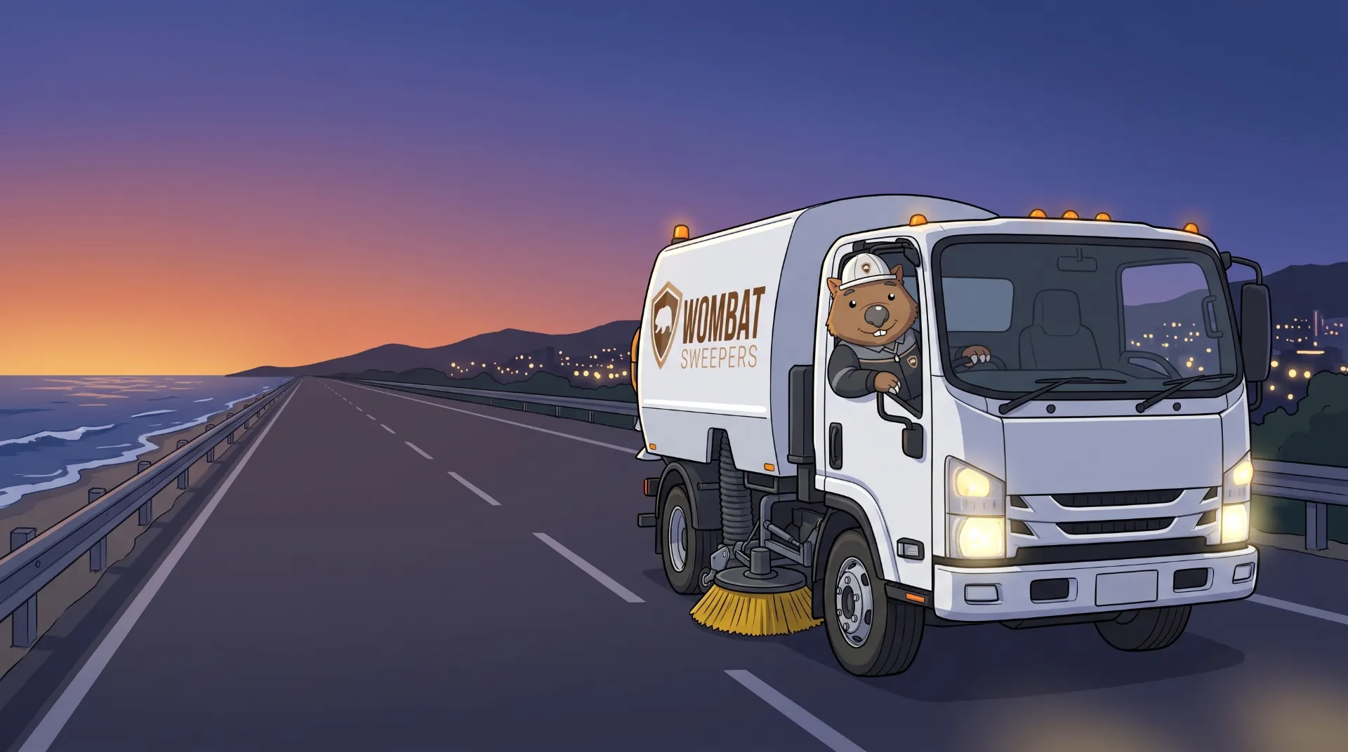 Wombat Sweepers mascot drives a street sweeper truck along a coastal highway at dusk