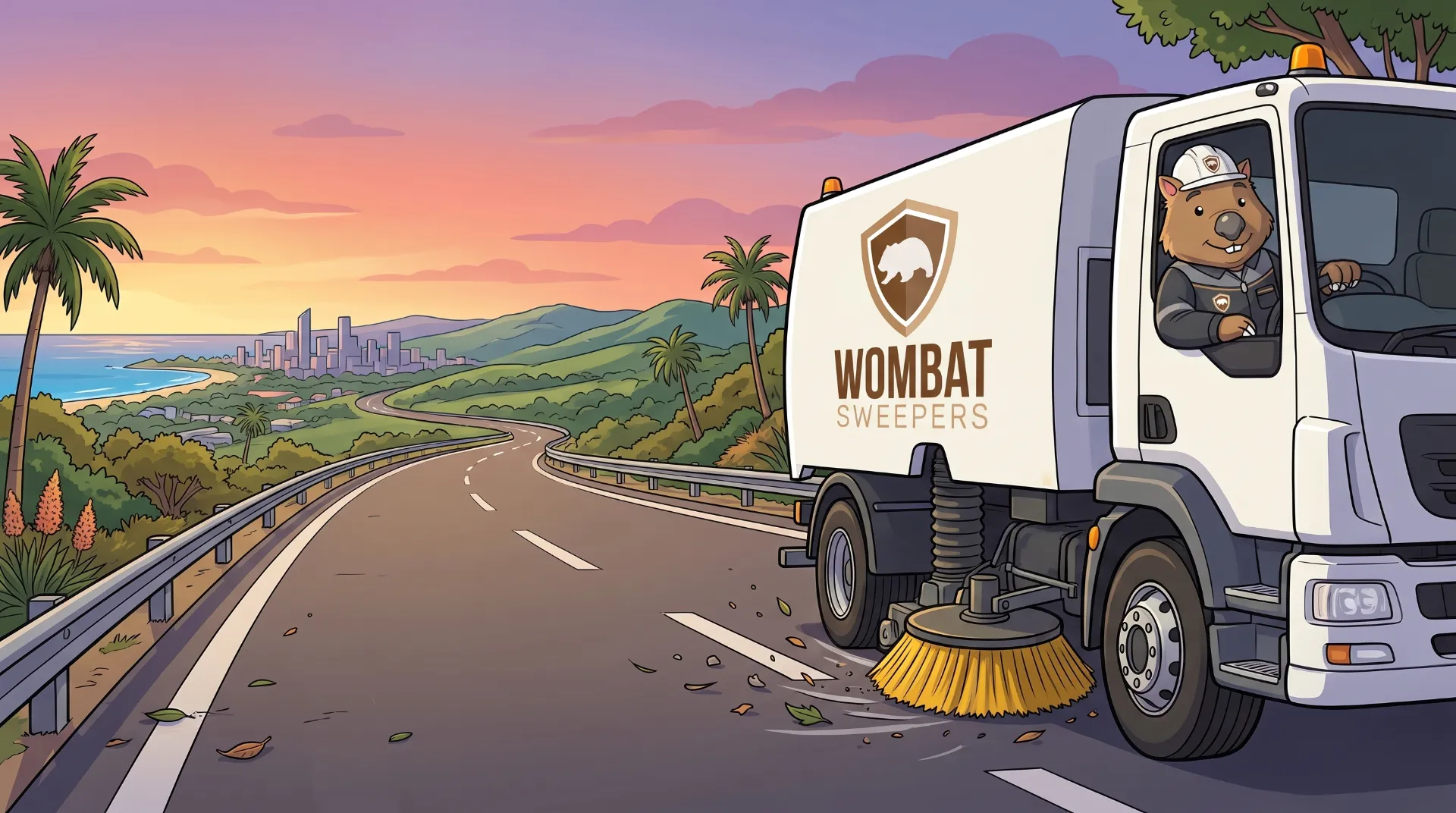 Wombat Sweepers mascot drives a street sweeper truck along a South East Queensland highway at sunset