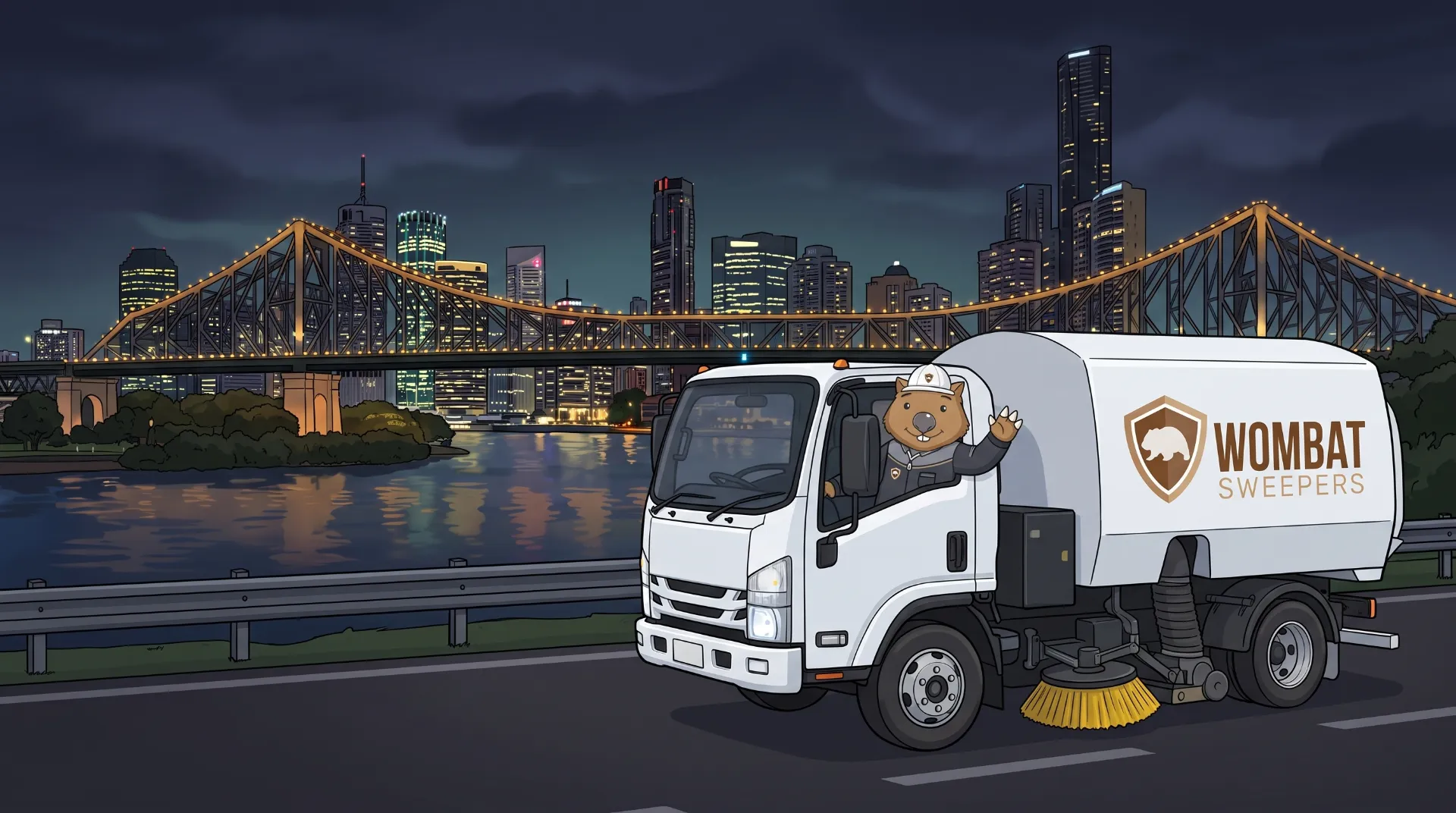 Wombat Sweepers mascot waves from a branded street sweeper truck with the Brisbane skyline lit at night behind