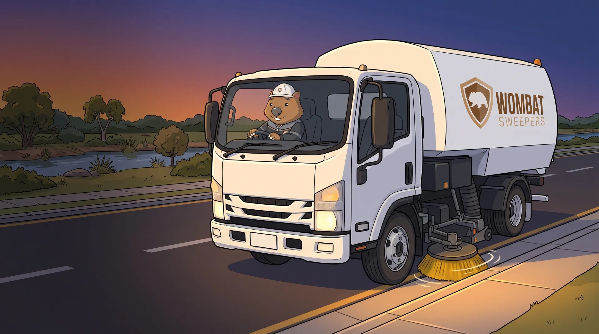 Wombat Sweepers mascot drives a branded street sweeper truck past a protected stormwater drain at dusk, the clean channel glowing