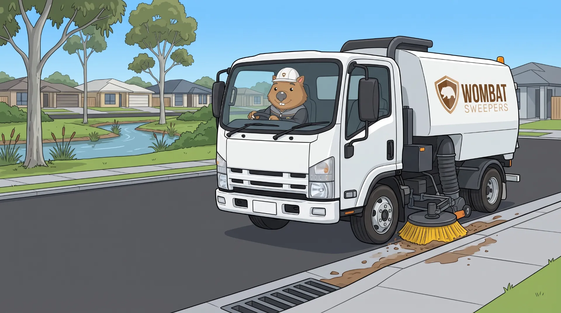 Wombat Sweepers mascot drives a branded street sweeper truck clearing brown sediment from a kerb and channel next to a stormwater drain on a new housing-estate road