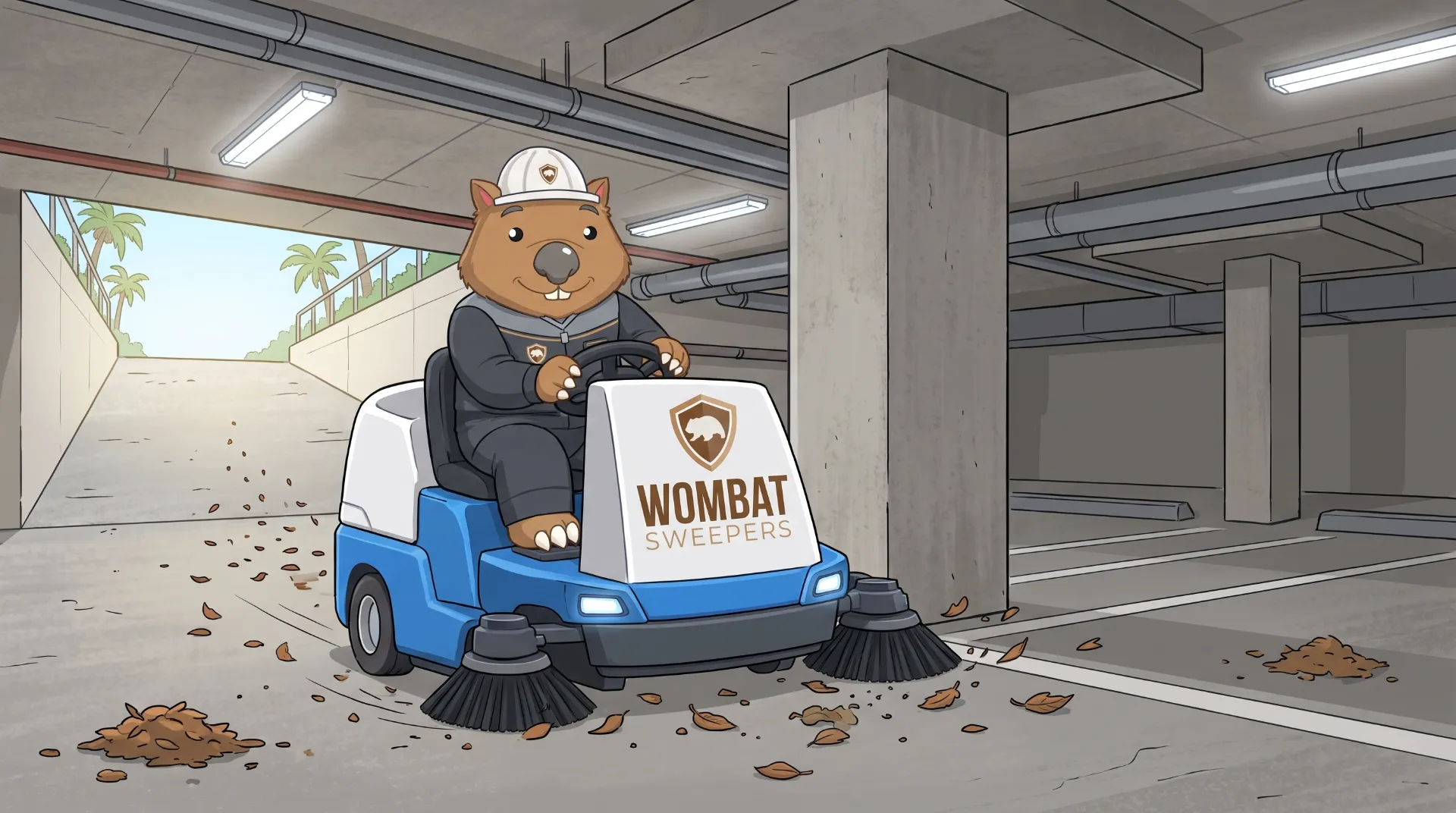 Wombat Sweepers mascot drives a ride-on sweeper through an apartment basement car park, sweeping up leaf litter