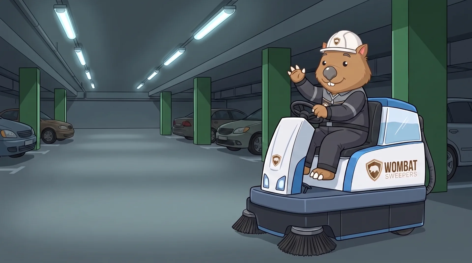 Wombat Sweepers mascot waves from a ride-on sweeper in a quiet apartment basement car park at night