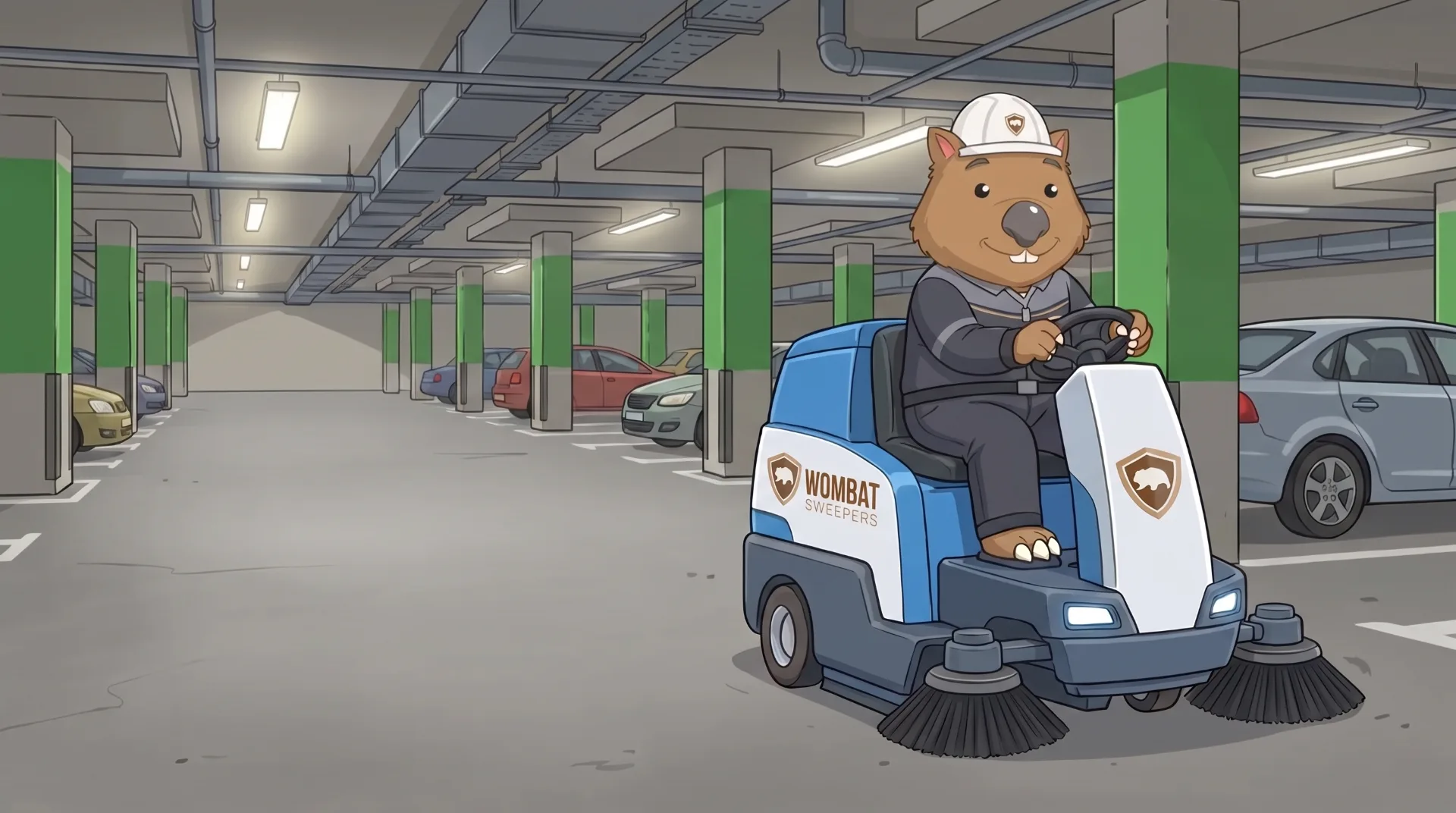 Wombat Sweepers mascot drives a ride-on sweeper through a basement car park beneath an apartment building, green-painted pillars and parked cars