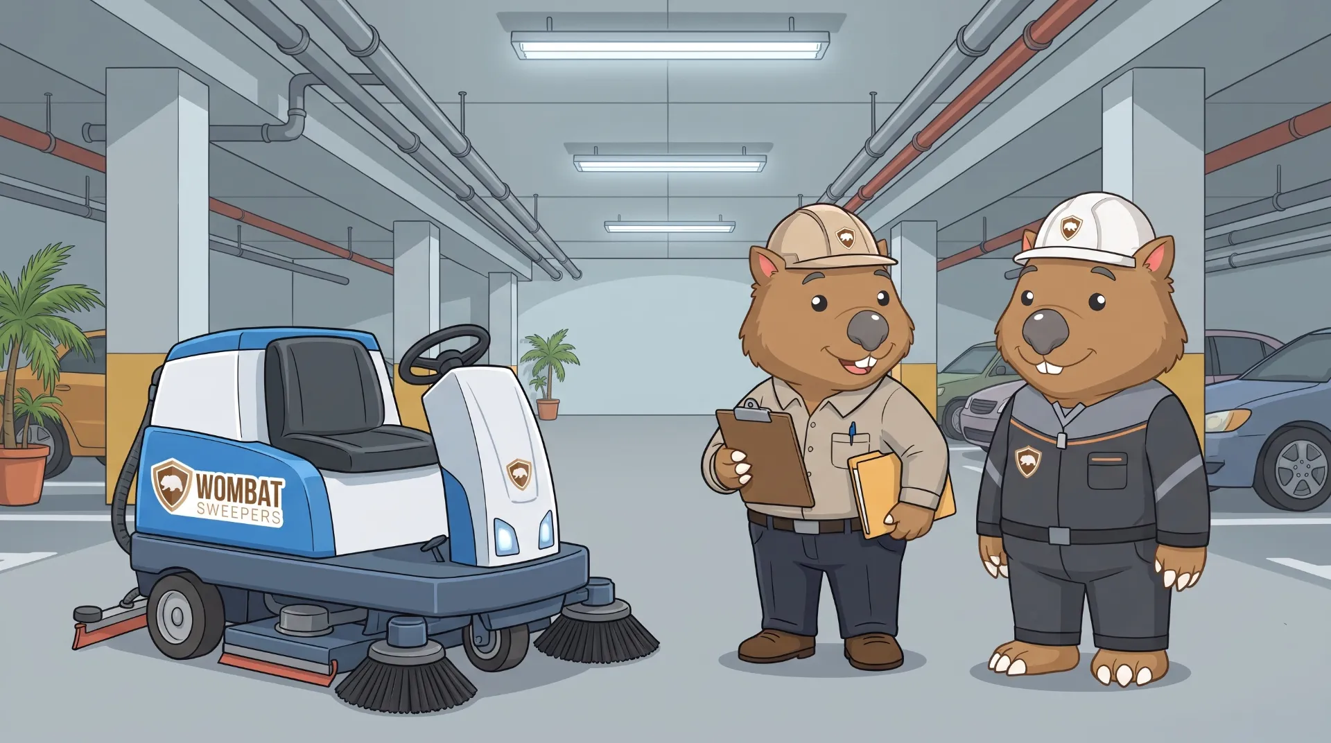 Wombat Sweepers mascot and a second identical wombat crew member chat beside their machine, one holding a clipboard