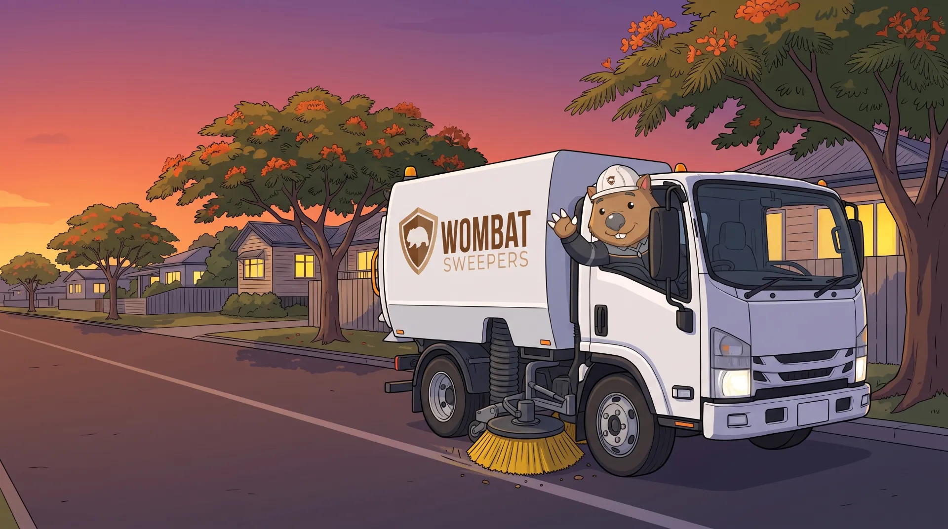 Wombat Sweepers mascot waves from a branded street sweeper truck on a suburban street at dusk, house lights on