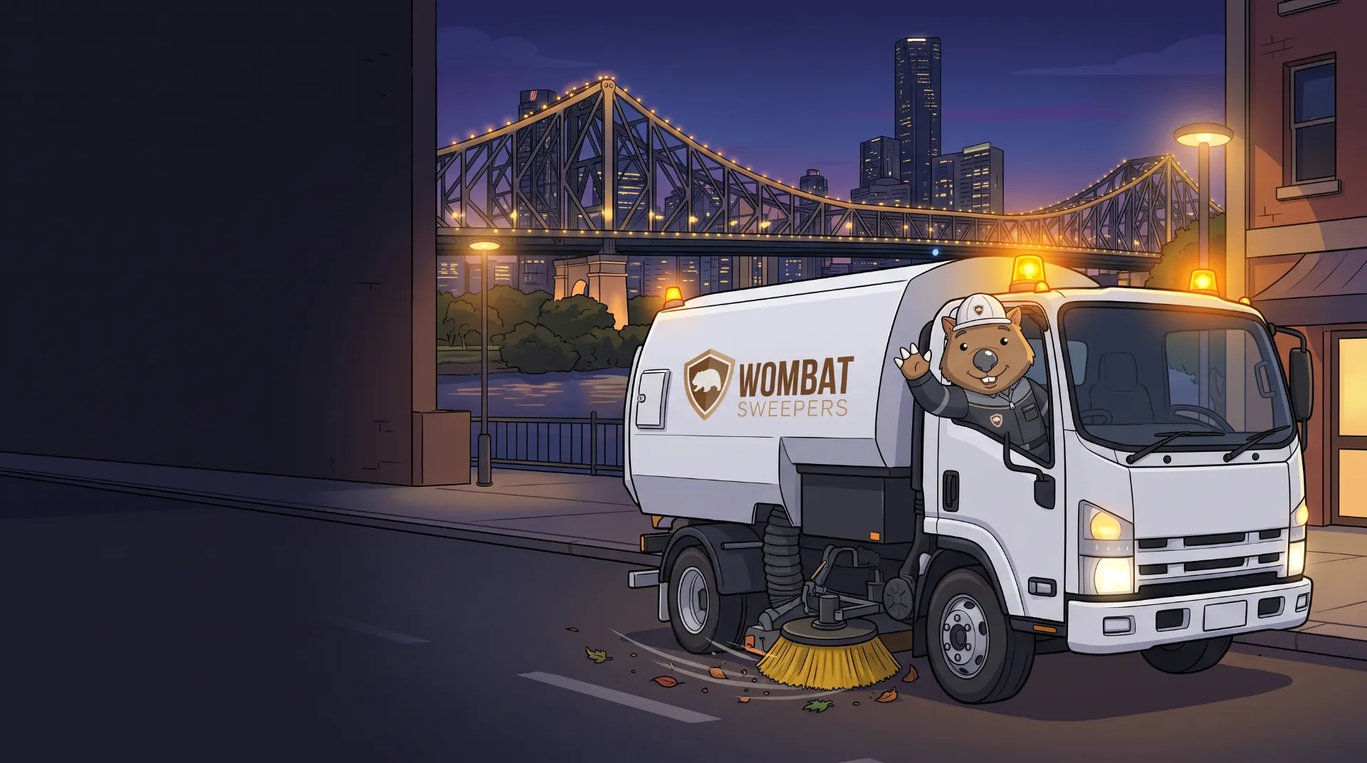 Wombat Sweepers mascot waves from the cab of a branded street sweeper truck working a quiet street at night in Brisbane, amber beacons glowing