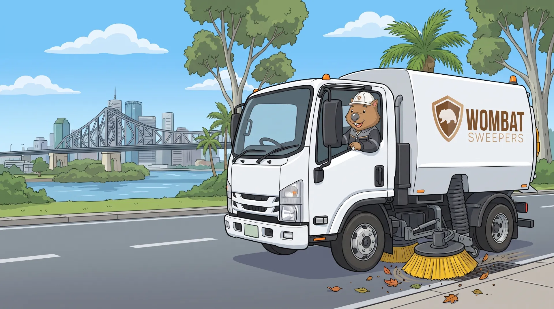 Wombat Sweepers mascot drives a branded street sweeper truck along a street in Brisbane, the gutter broom flicking leaves and grit into the suction path