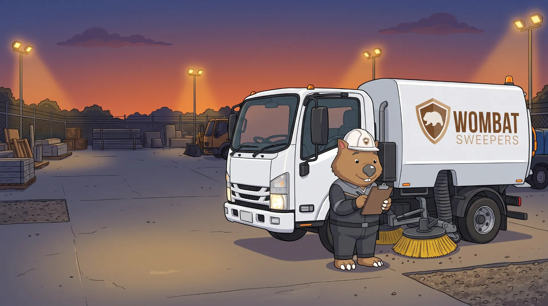 Wombat Sweepers mascot checks a clipboard beside a branded street sweeper truck in the depot yard at dusk
