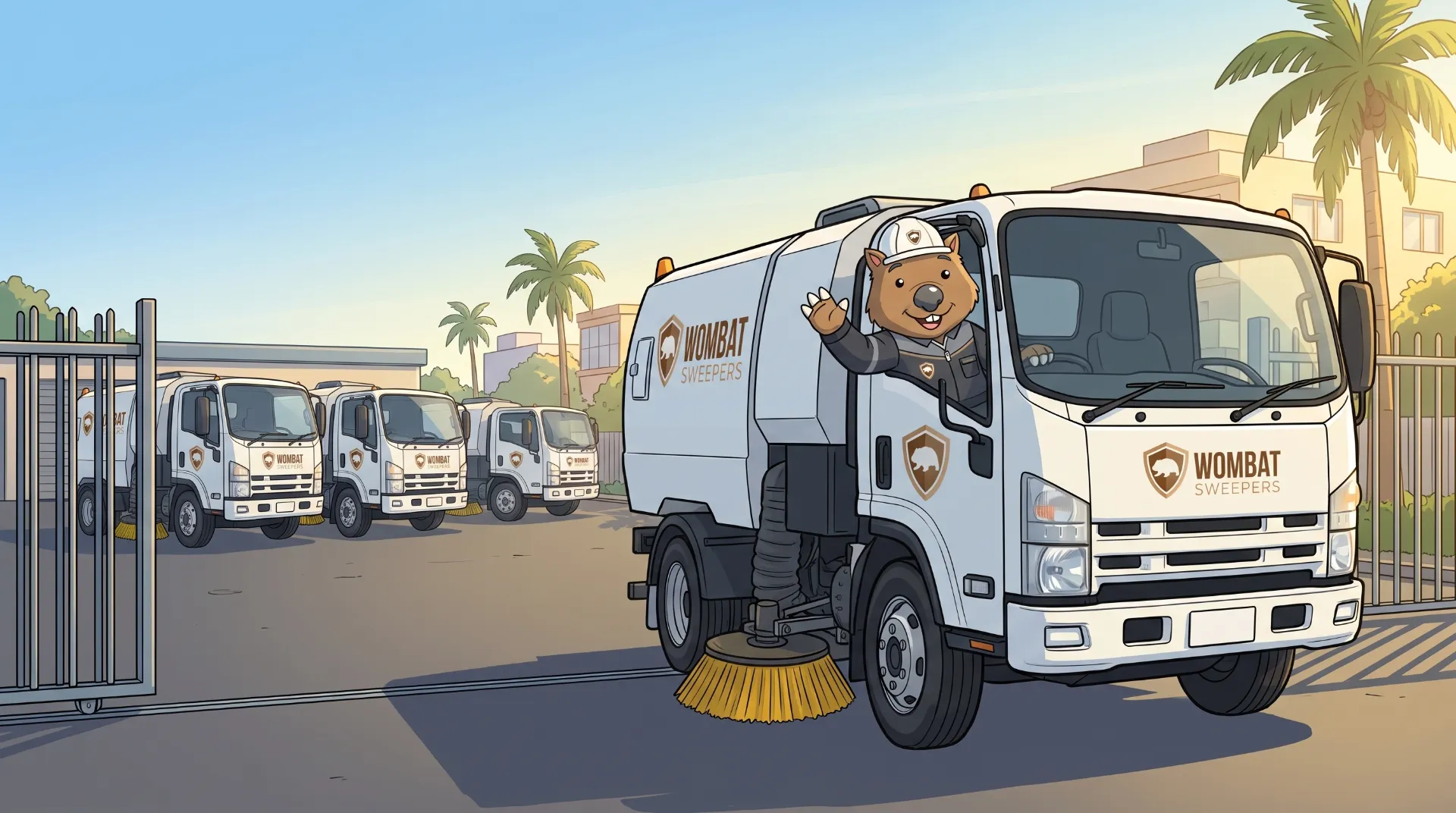 Wombat Sweepers mascot waves from a branded street sweeper truck as it is dispatched from the depot gates in the morning