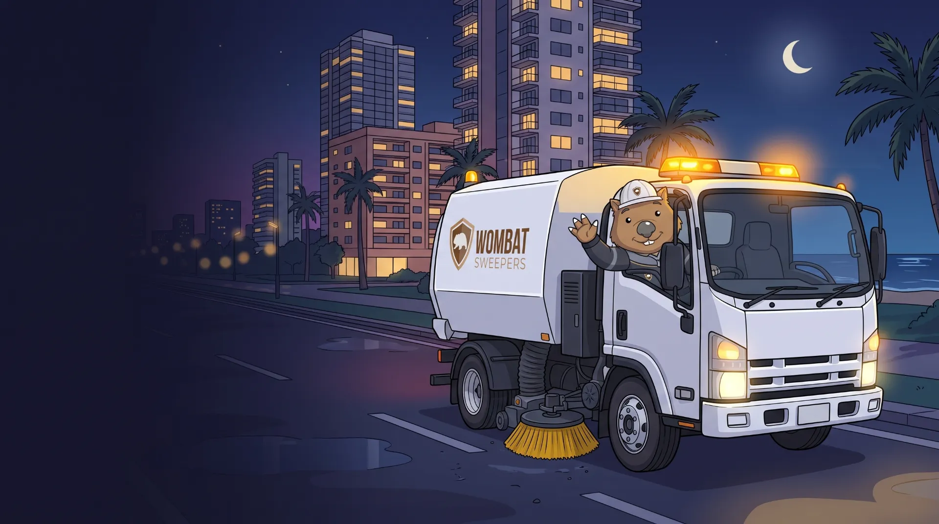 Wombat Sweepers mascot waves from the cab of a branded street sweeper truck working a quiet street at night on the Gold Coast, amber beacons glowing