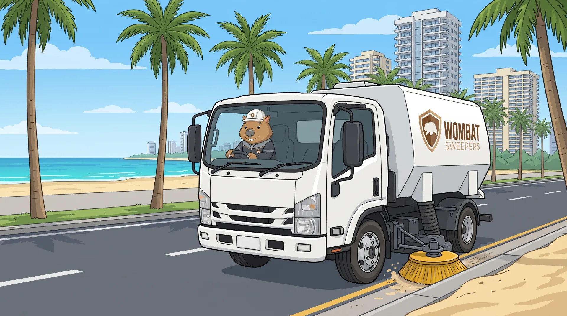 Wombat Sweepers mascot drives a branded street sweeper truck along a street on the Gold Coast, the gutter broom flicking leaves and grit into the suction path