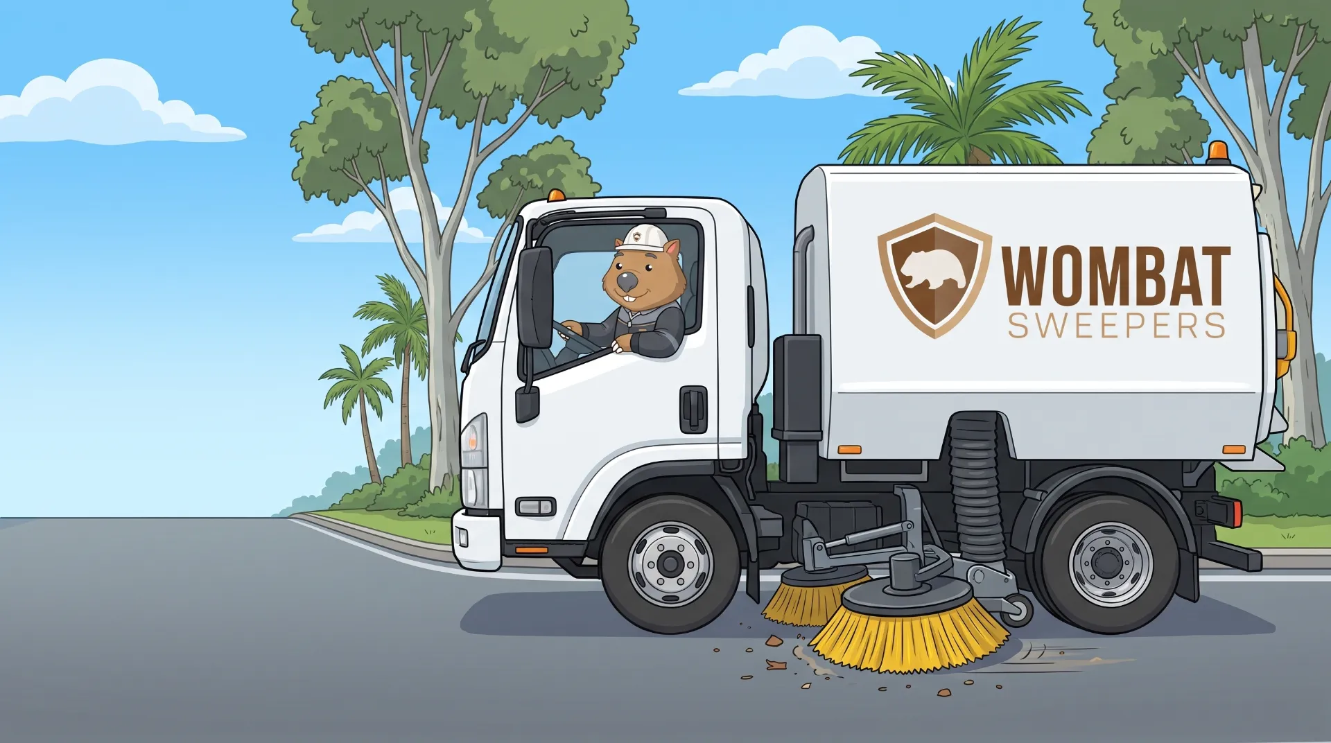 Wombat Sweepers mascot drives a branded street sweeper truck along a Queensland road, side view showing the gutter broom and pickup head