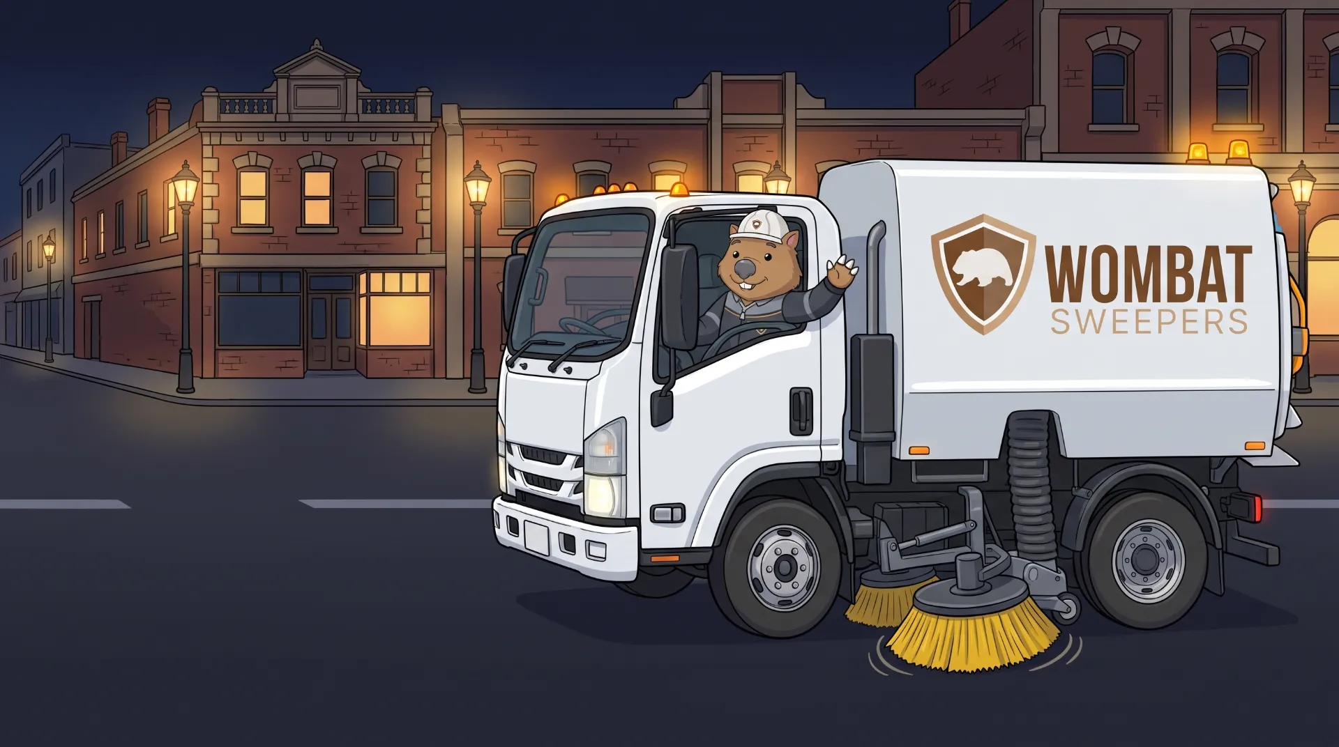 Wombat Sweepers mascot waves from the cab of a branded street sweeper truck working a quiet street at night in Ipswich, amber beacons glowing