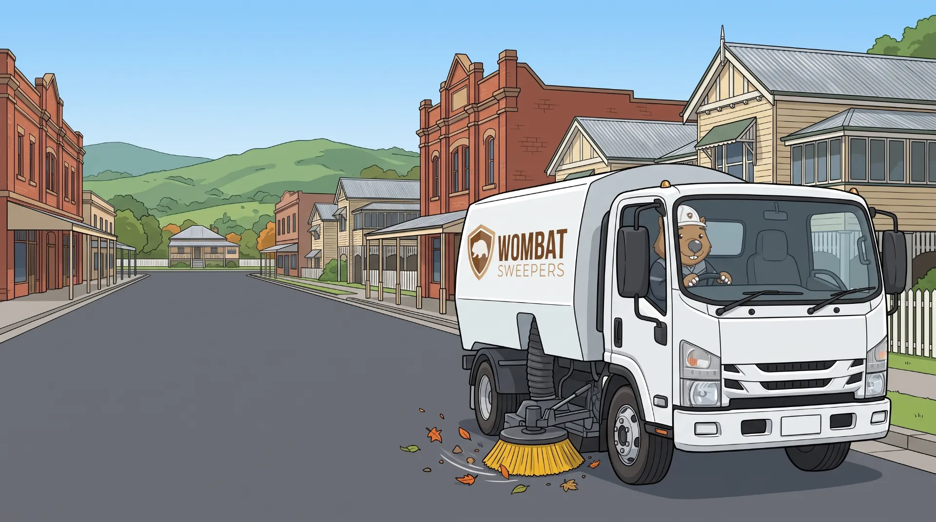 Wombat Sweepers mascot drives a branded street sweeper truck along a street in Ipswich, the gutter broom flicking leaves and grit into the suction path