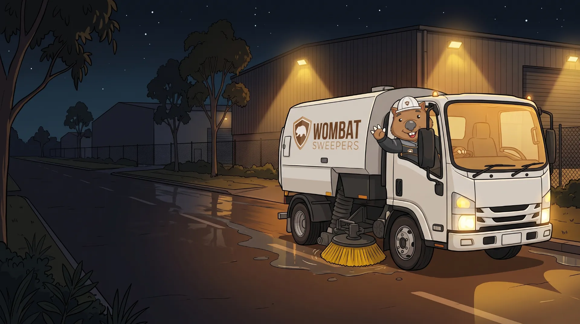 Wombat Sweepers mascot waves from the cab of a branded street sweeper truck working a quiet street at night in Logan, amber beacons glowing
