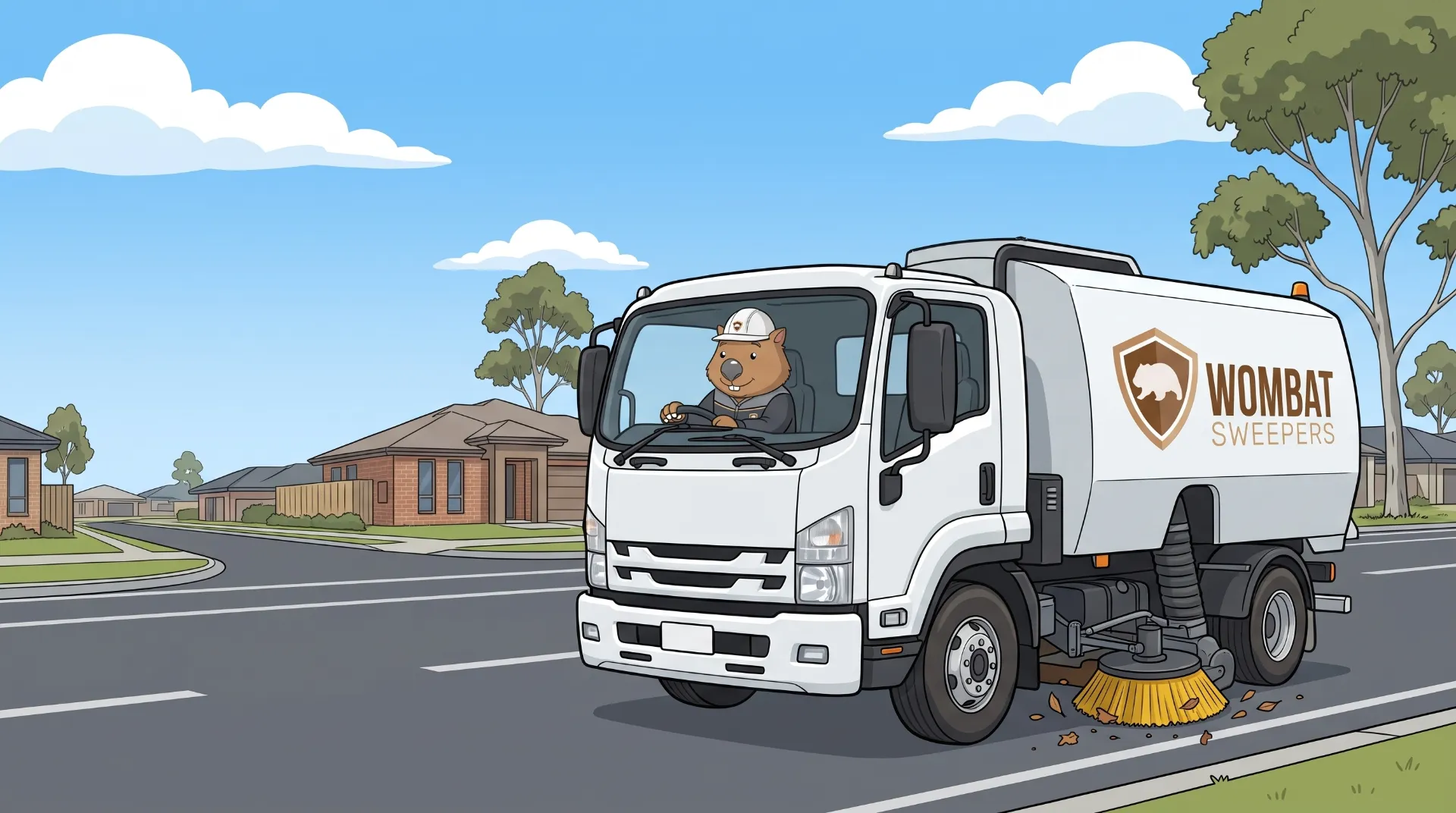 Wombat Sweepers mascot drives a branded street sweeper truck along a street in Logan, the gutter broom flicking leaves and grit into the suction path