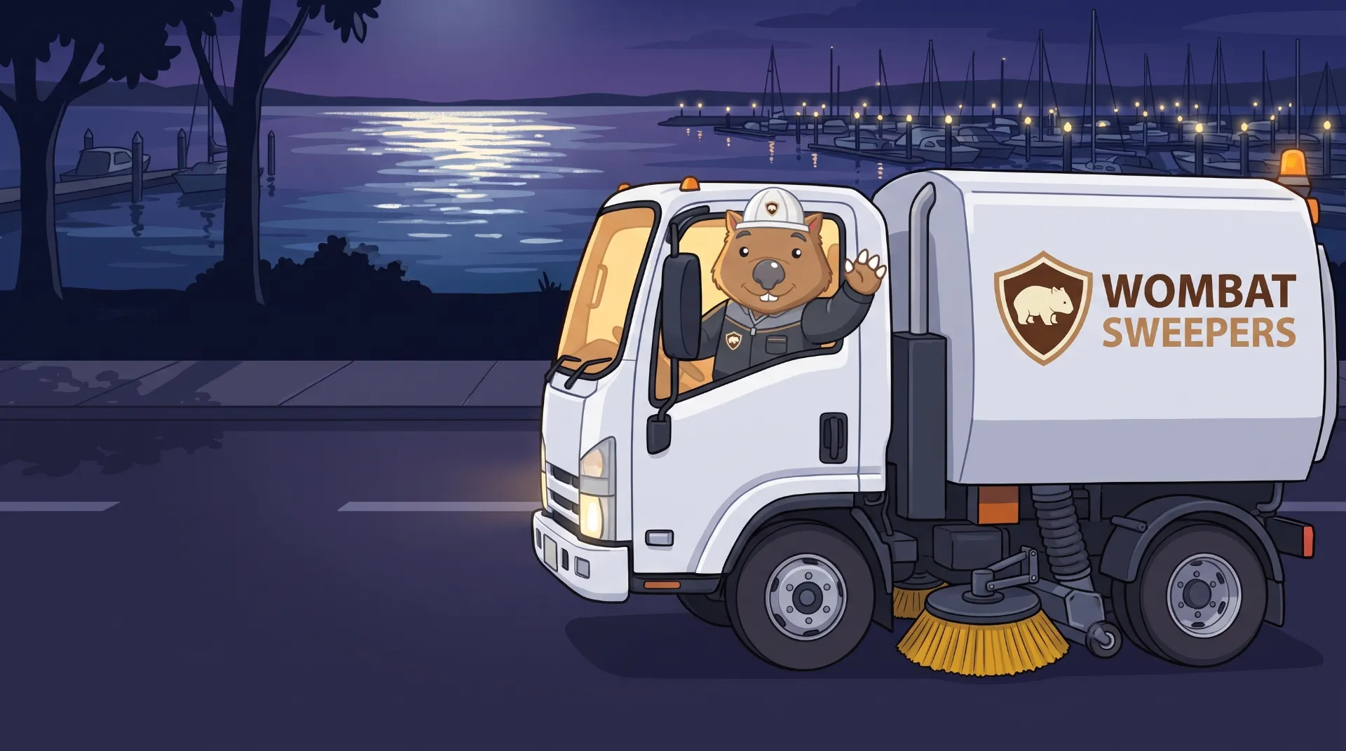 Wombat Sweepers mascot waves from the cab of a branded street sweeper truck working a quiet street at night in the Redlands, amber beacons glowing