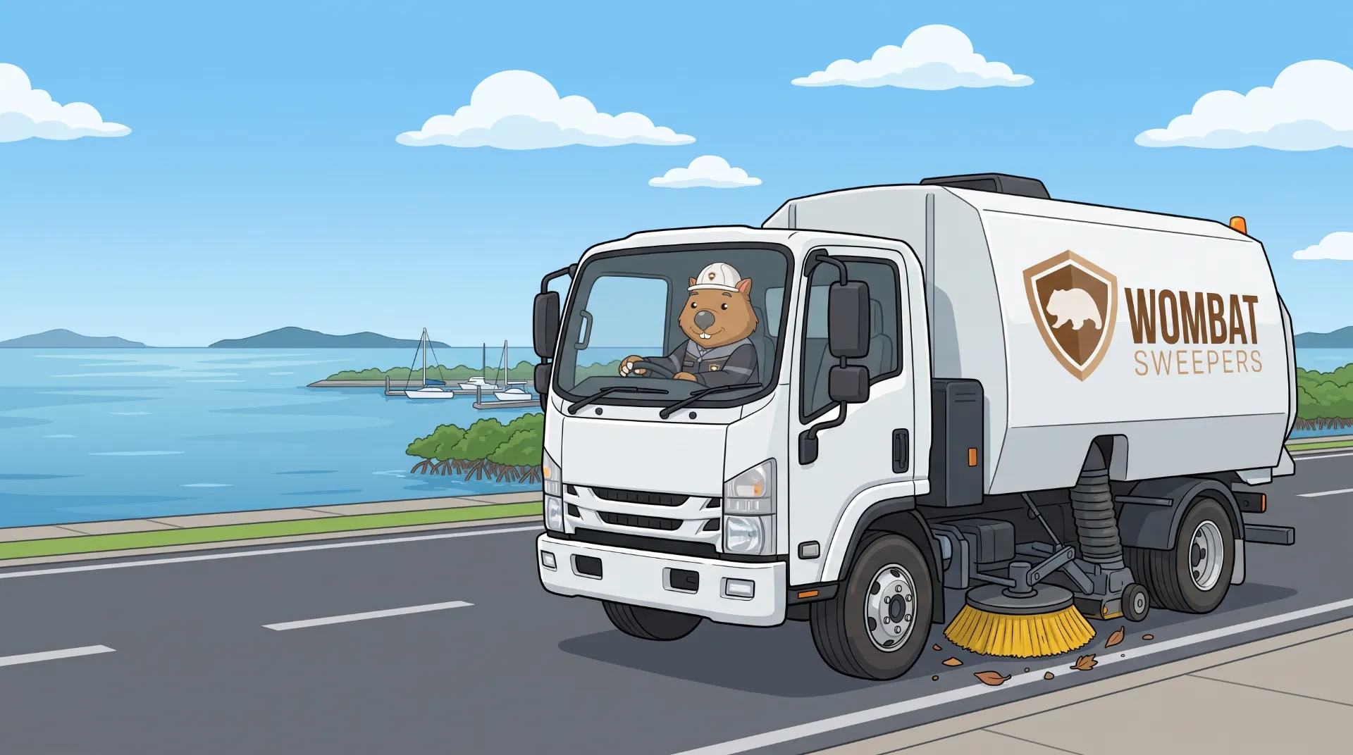 Wombat Sweepers mascot drives a branded street sweeper truck along a street in the Redlands, the gutter broom flicking leaves and grit into the suction path