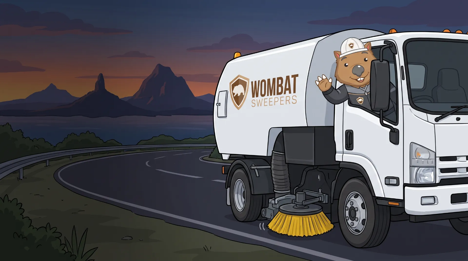 Wombat Sweepers mascot waves from the cab of a branded street sweeper truck working a quiet street at night on the Sunshine Coast, amber beacons glowing