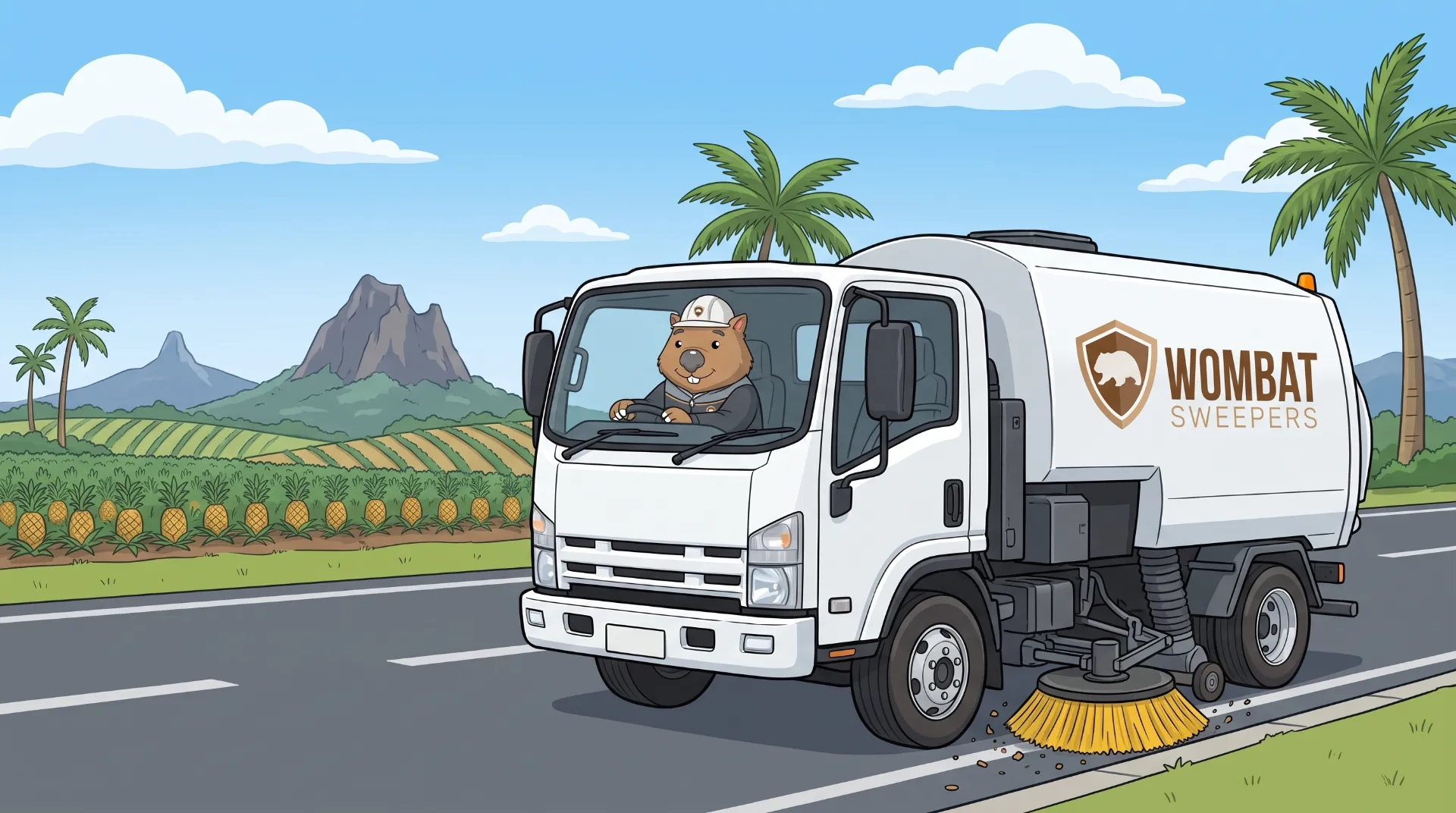 Wombat Sweepers mascot drives a branded street sweeper truck along a street on the Sunshine Coast, the gutter broom flicking leaves and grit into the suction path
