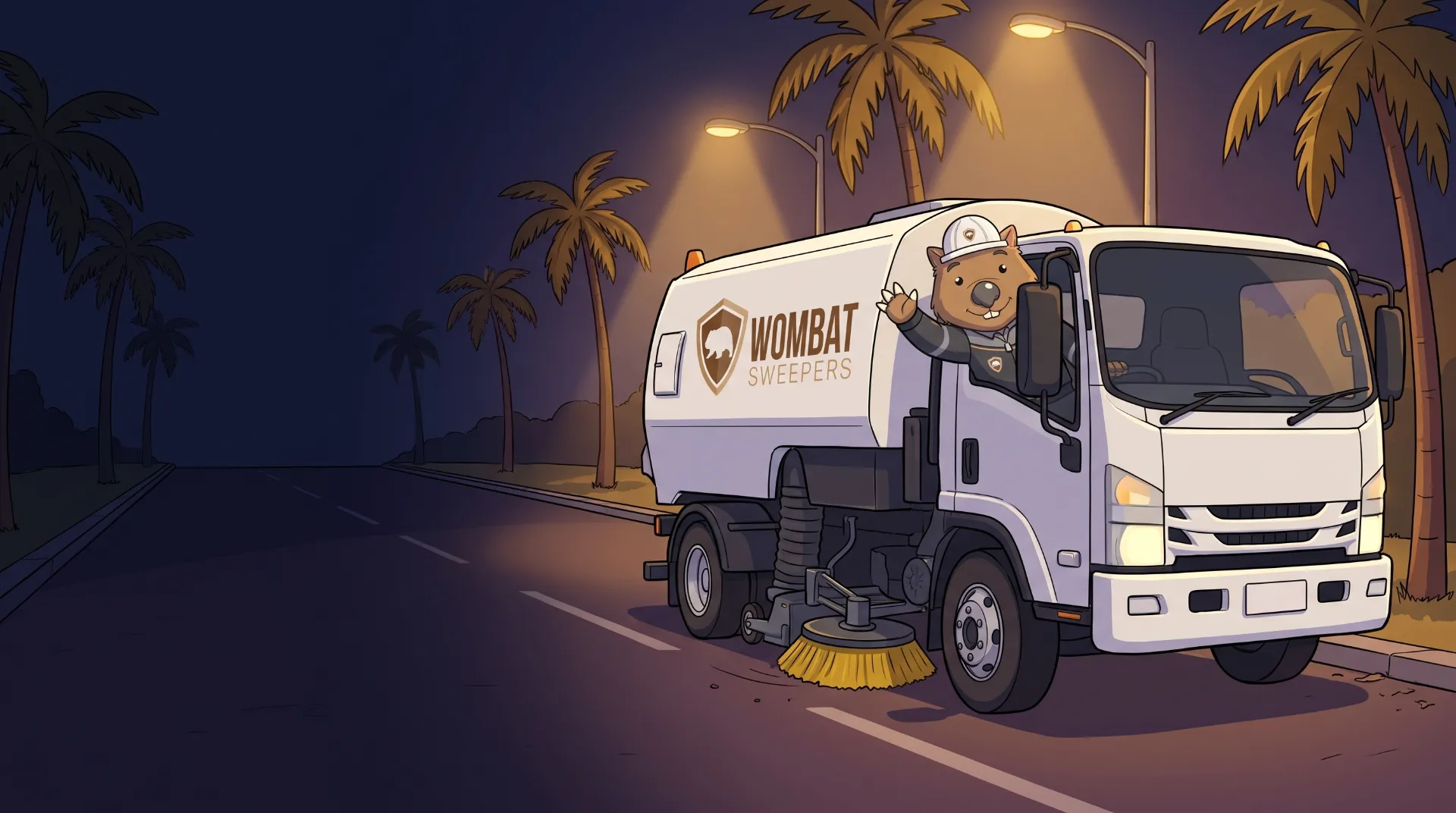 Wombat Sweepers mascot waves from a branded street sweeper truck on a Queensland road at night under street lights