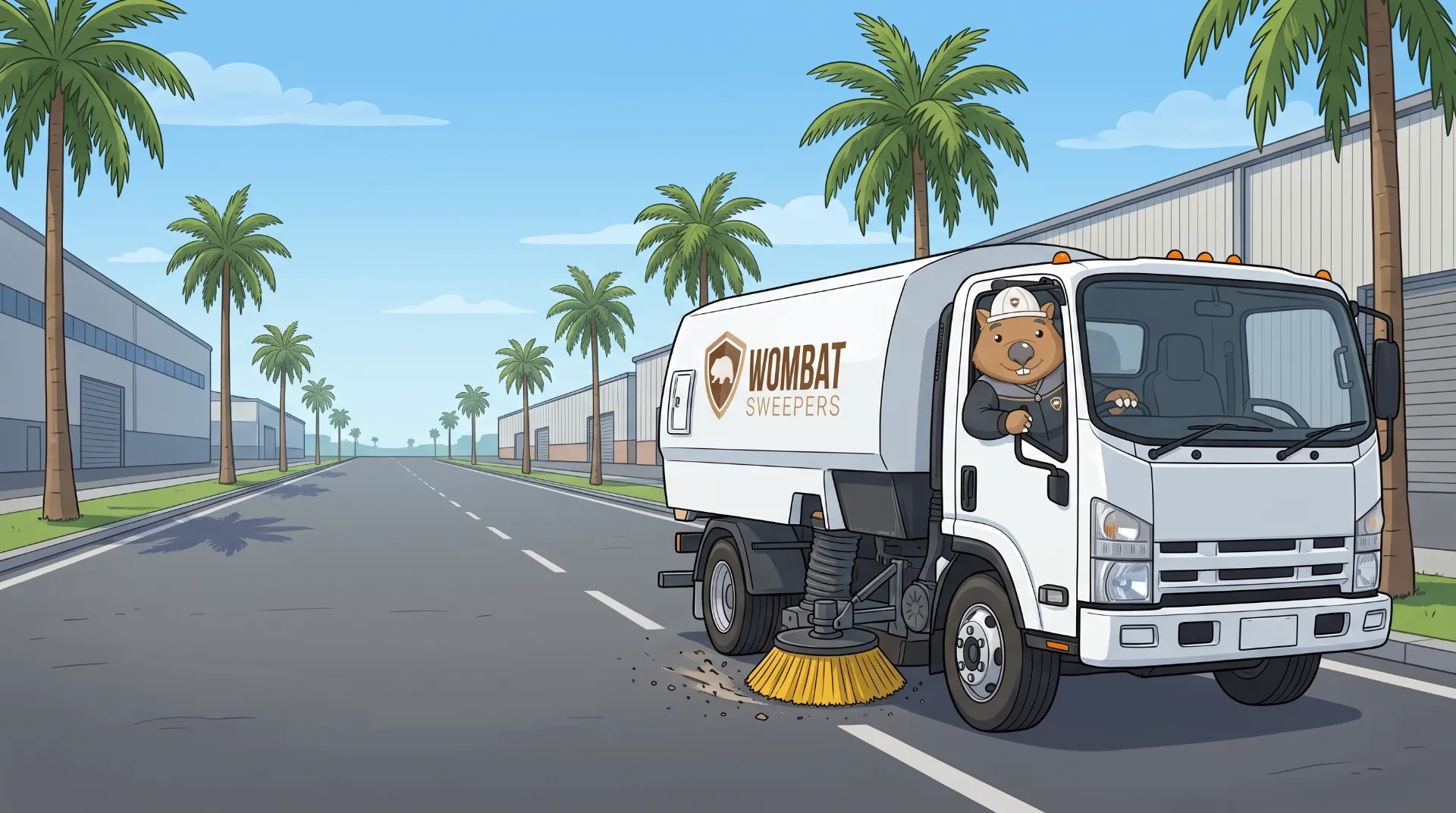 Wombat Sweepers mascot drives a branded street sweeper truck along a sunny Queensland road lined with palms and warehouses