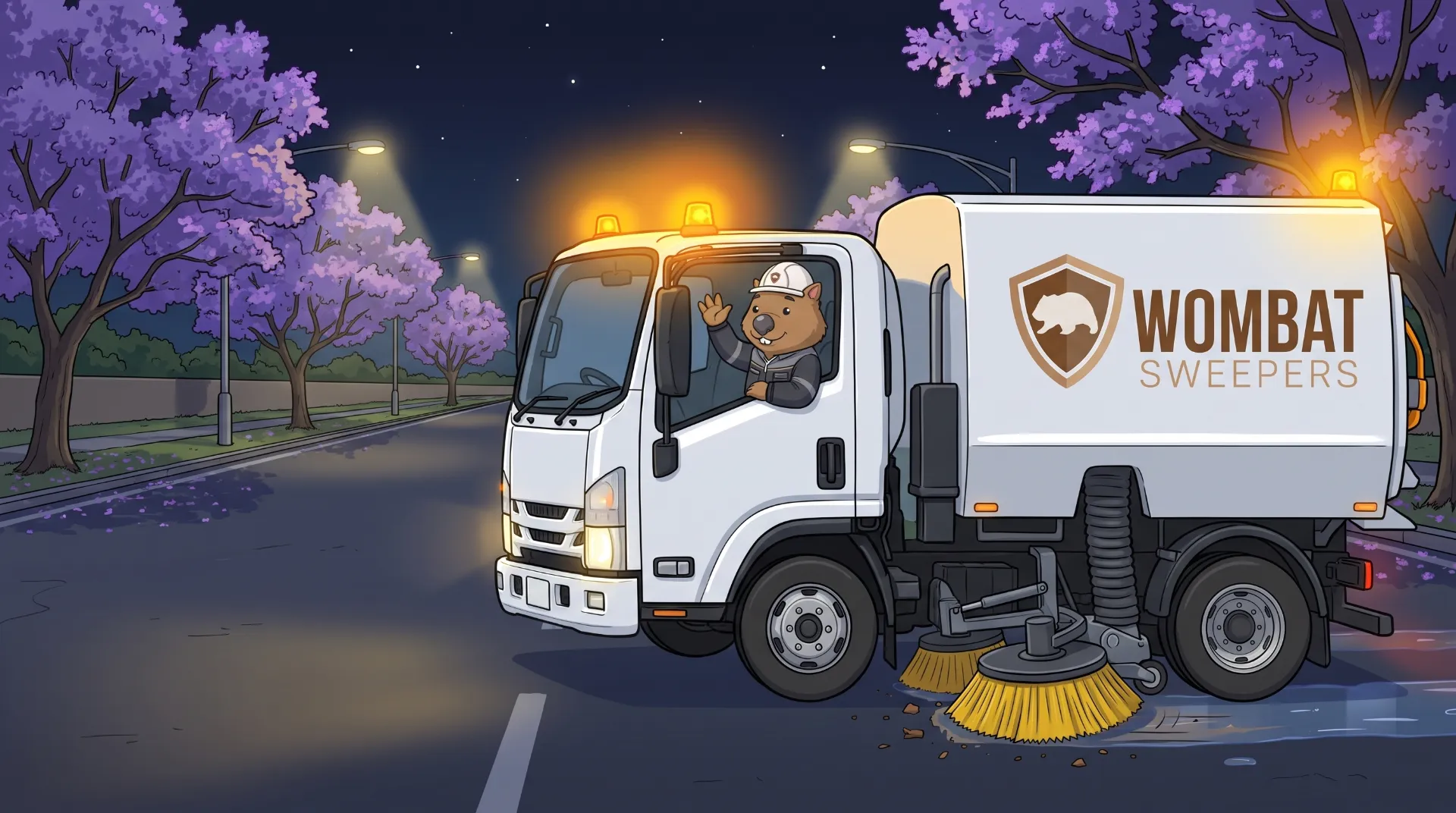 Wombat Sweepers mascot waves from the cab of a branded street sweeper truck working a quiet street at night in Toowoomba, amber beacons glowing