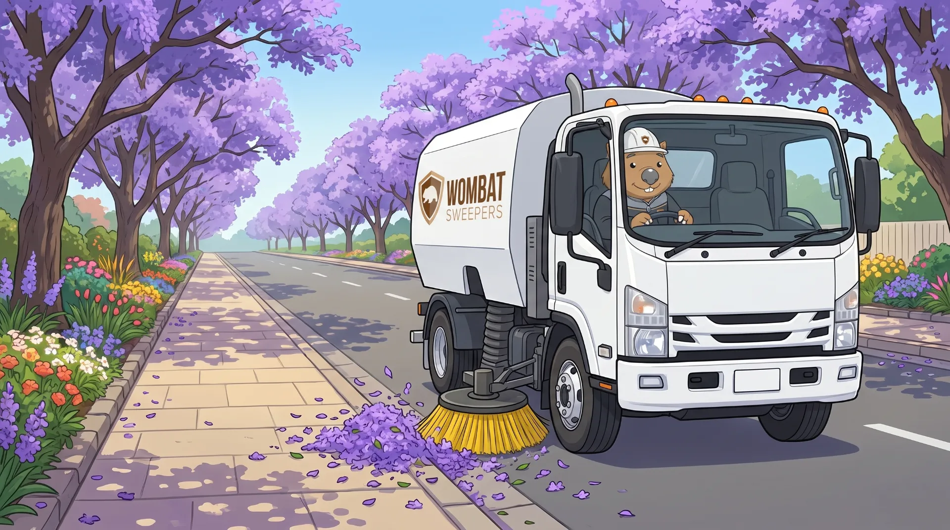 Wombat Sweepers mascot drives a branded street sweeper truck along a street in Toowoomba, the gutter broom flicking leaves and grit into the suction path