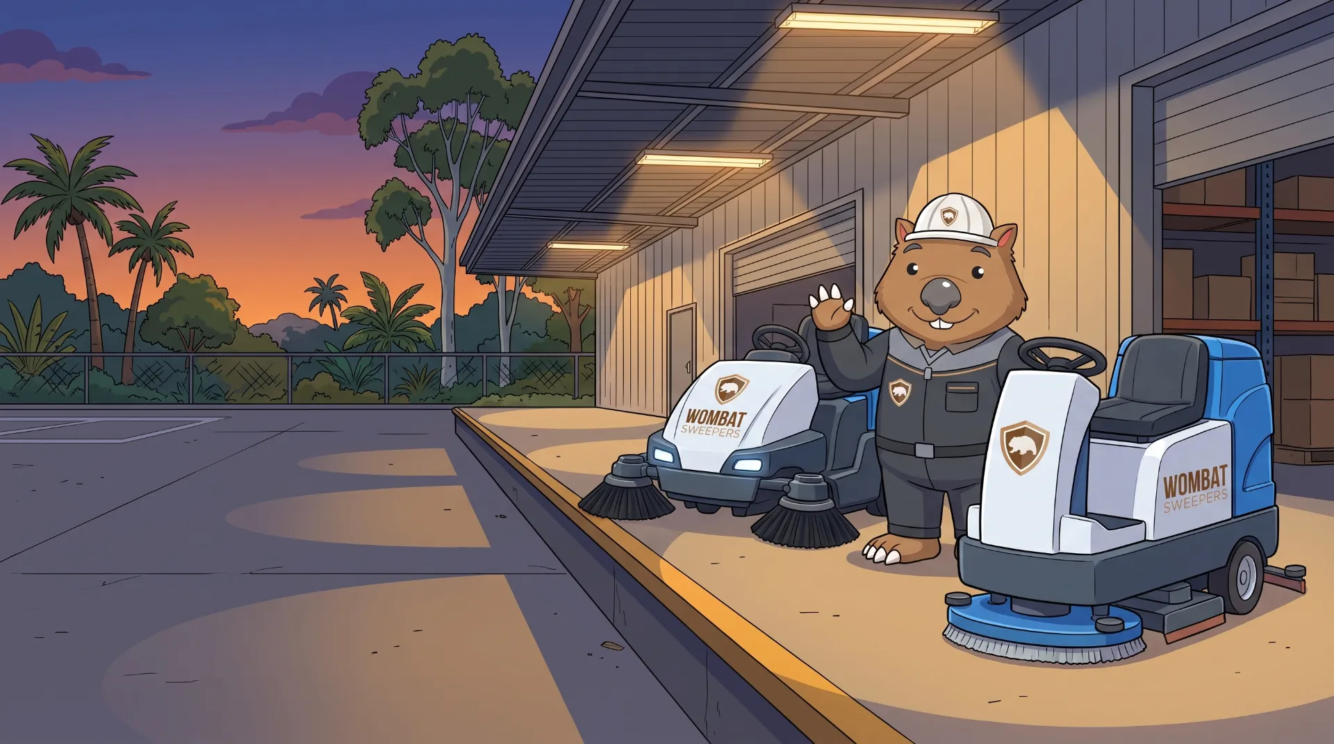 Wombat Sweepers mascot waves beside a hire sweeper and scrubber lined up on a loading dock at dusk
