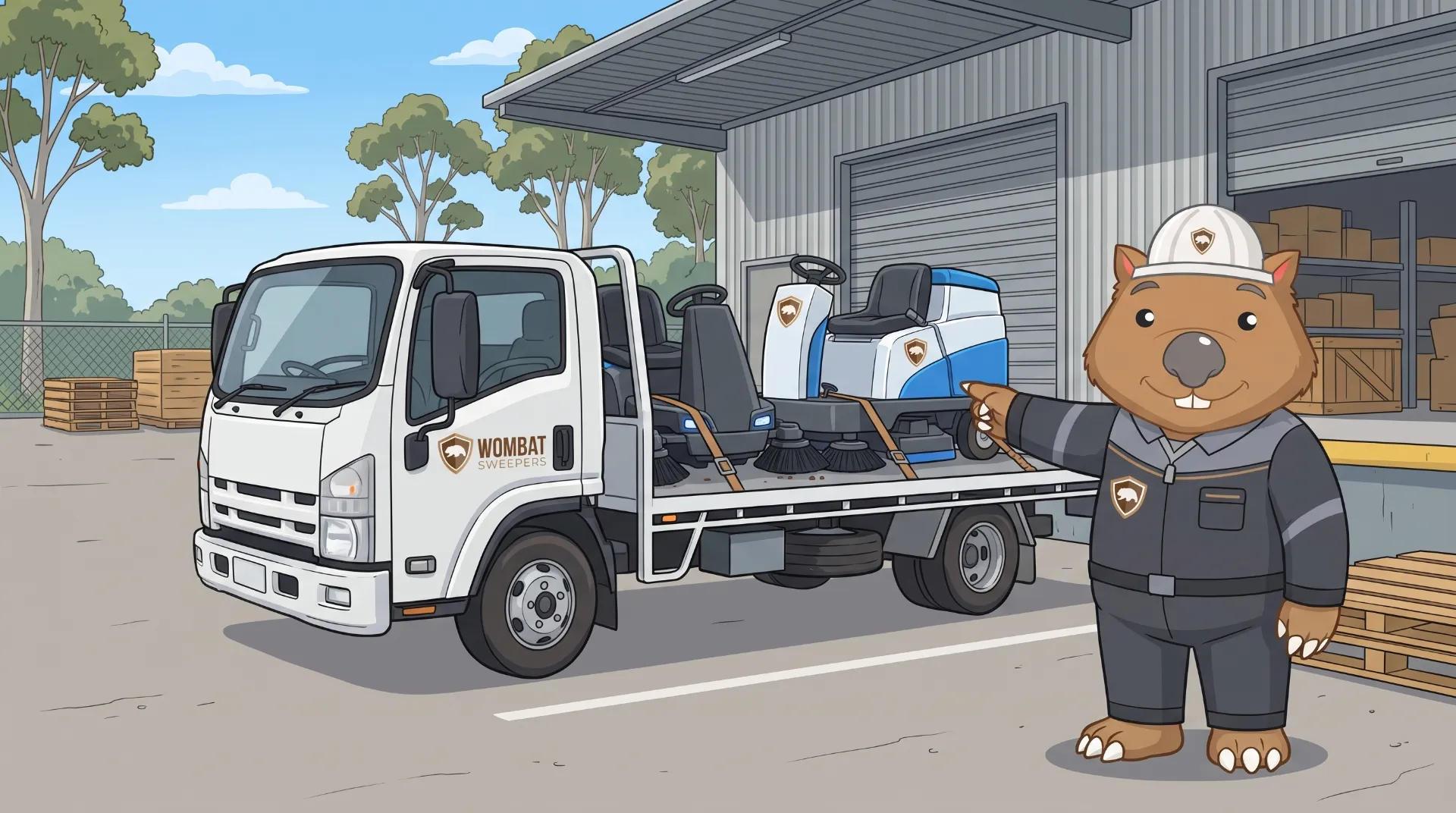 Wombat Sweepers mascot stands between a ride-on sweeper and a ride-on floor scrubber on a delivery tilt-tray truck, ready for hire, pointing to them