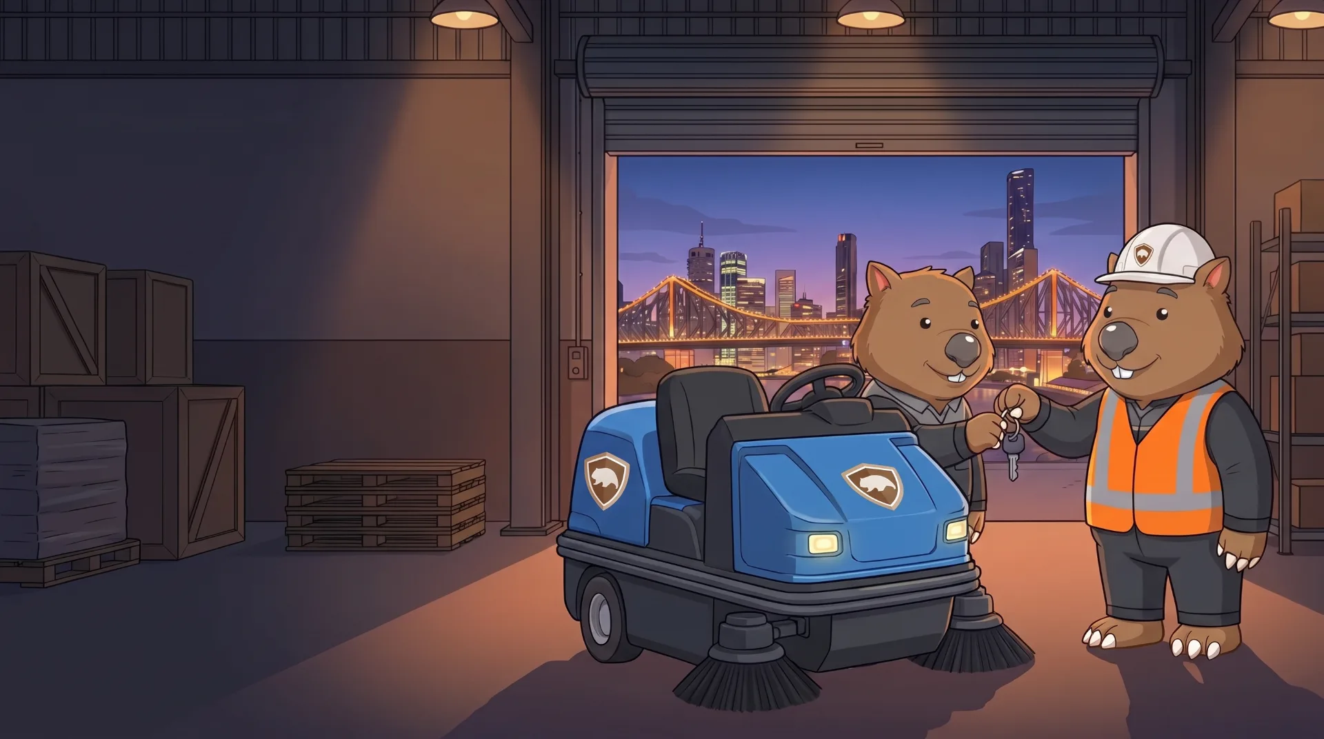 Wombat Sweepers mascot hands over keys to a ride-on sweeper parked on a client loading dock at dusk in Brisbane