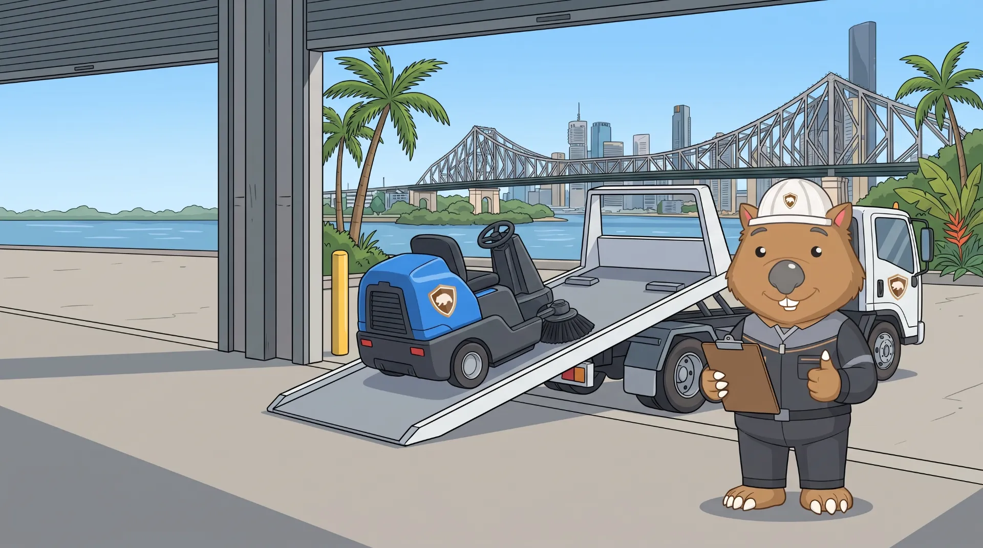 Wombat Sweepers mascot gives a thumbs up as a hire ride-on sweeper rolls off a tilt-tray delivery truck in Brisbane