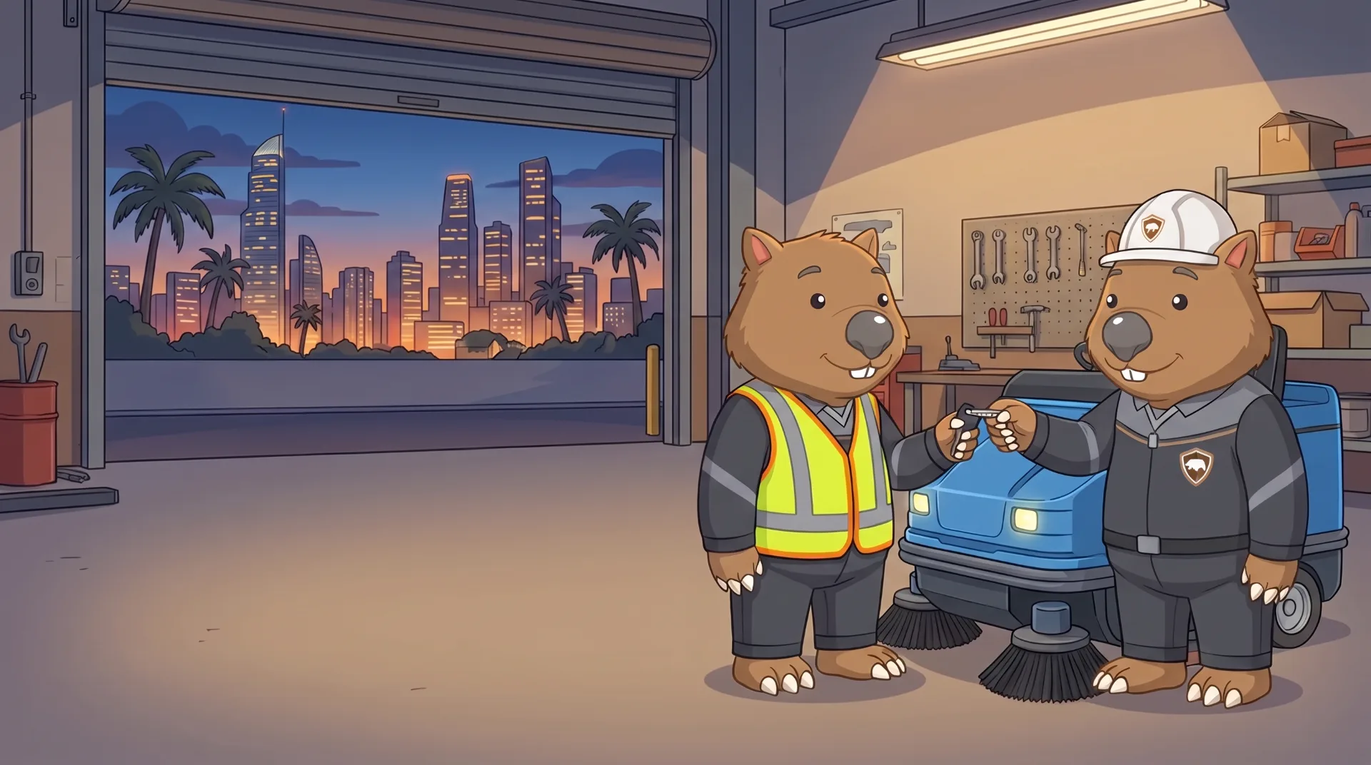 Wombat Sweepers mascot hands over keys to a ride-on sweeper parked on a client loading dock at dusk on the Gold Coast