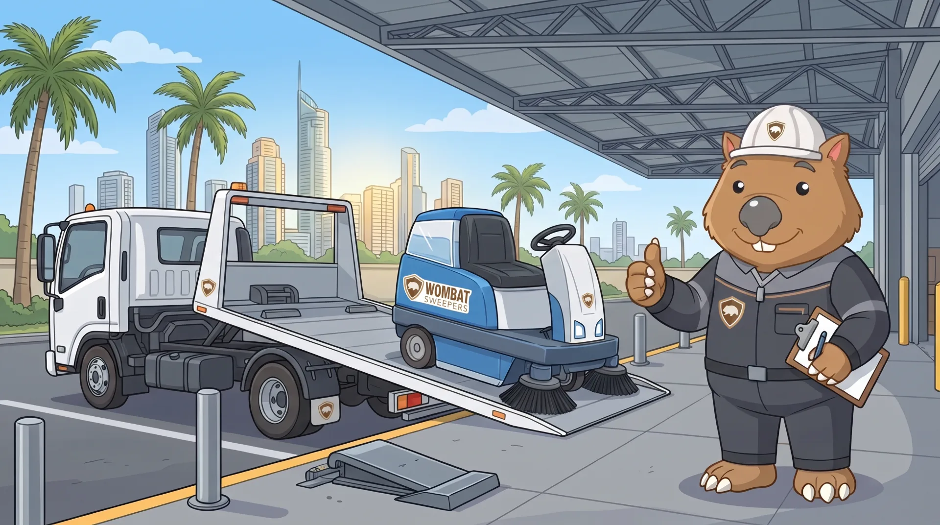 Wombat Sweepers mascot gives a thumbs up as a hire ride-on sweeper rolls off a tilt-tray delivery truck on the Gold Coast