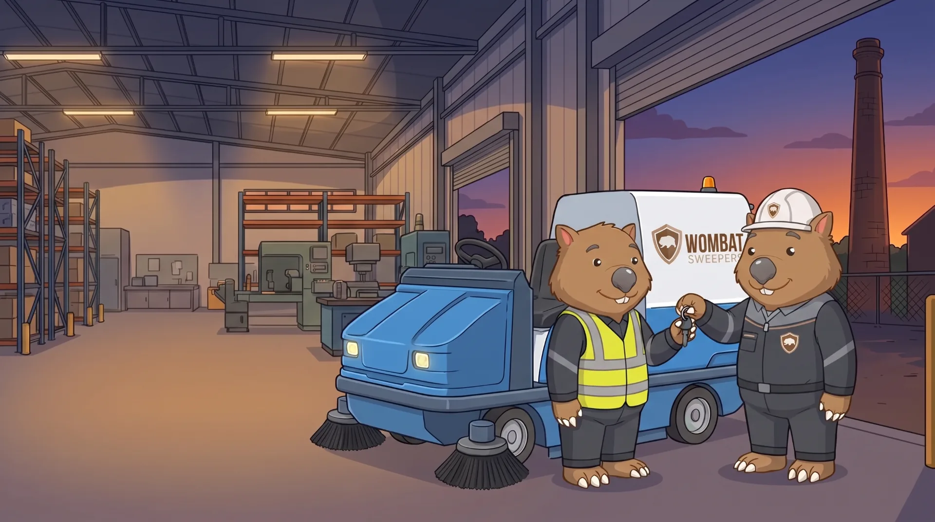 Wombat Sweepers mascot hands over keys to a ride-on sweeper parked on a client loading dock at dusk in Ipswich