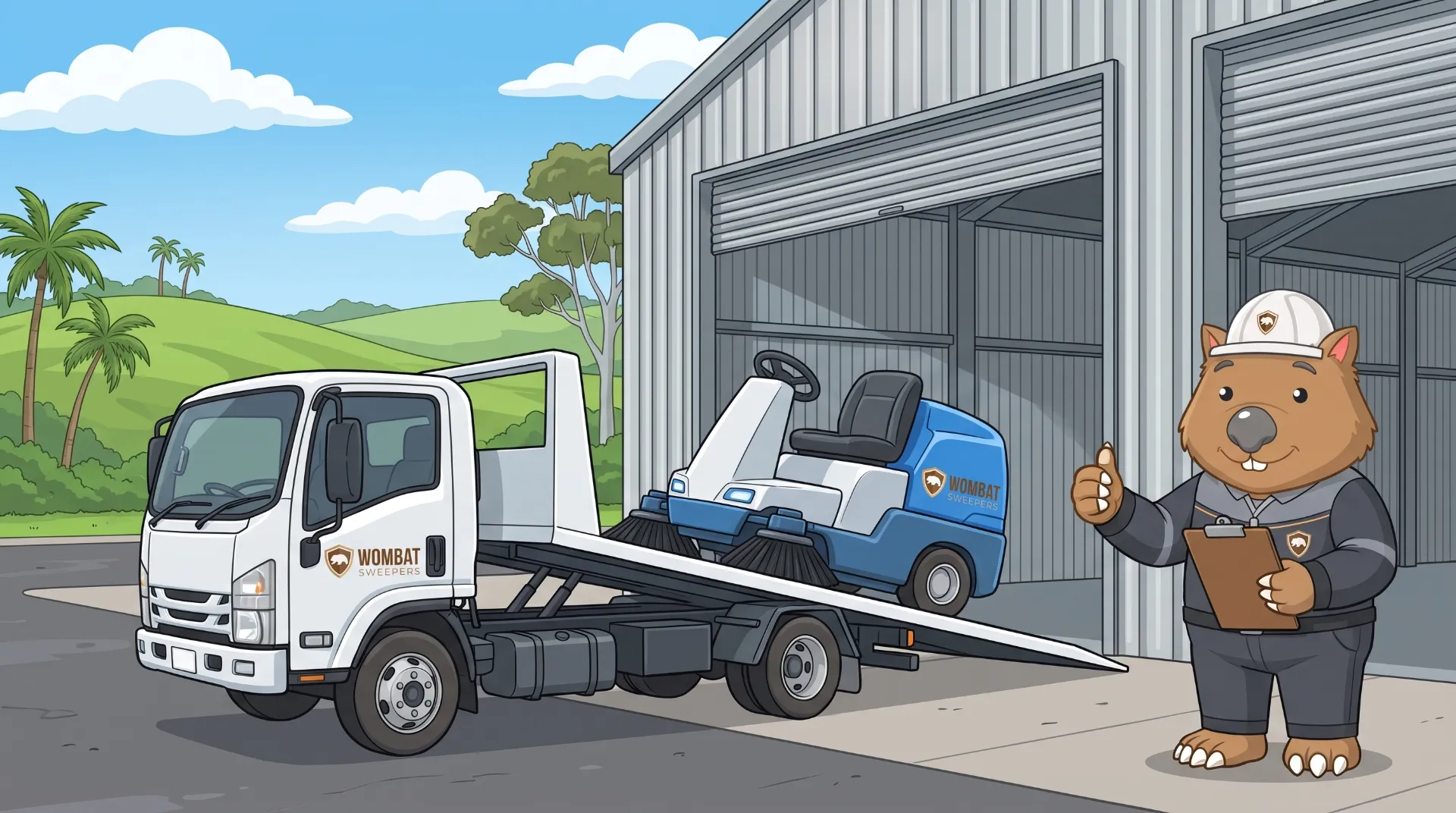 Wombat Sweepers mascot gives a thumbs up as a hire ride-on sweeper rolls off a tilt-tray delivery truck in Ipswich