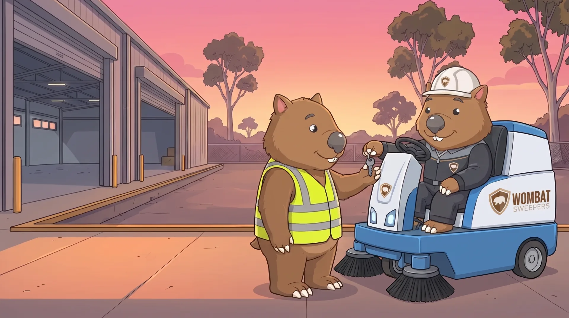 Wombat Sweepers mascot hands over keys to a ride-on sweeper parked on a client loading dock at dusk in Logan