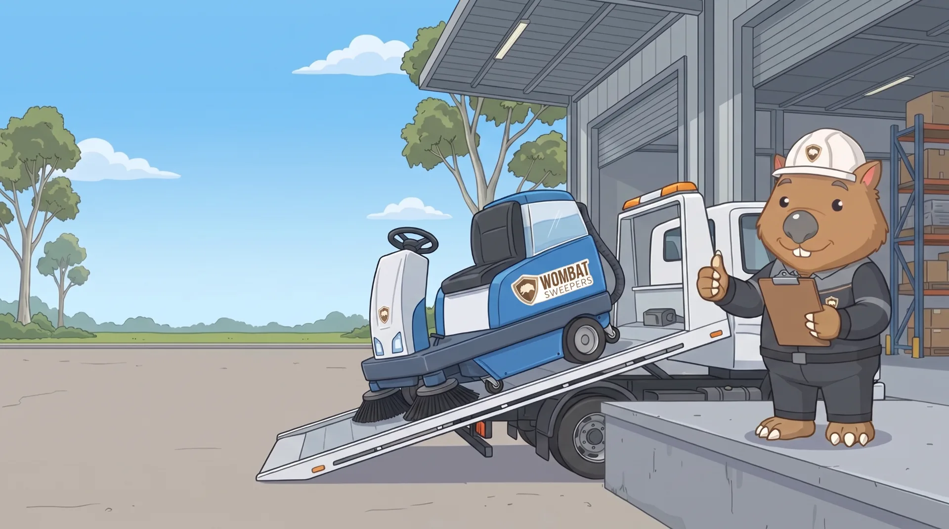 Wombat Sweepers mascot gives a thumbs up as a hire ride-on sweeper rolls off a tilt-tray delivery truck in Logan