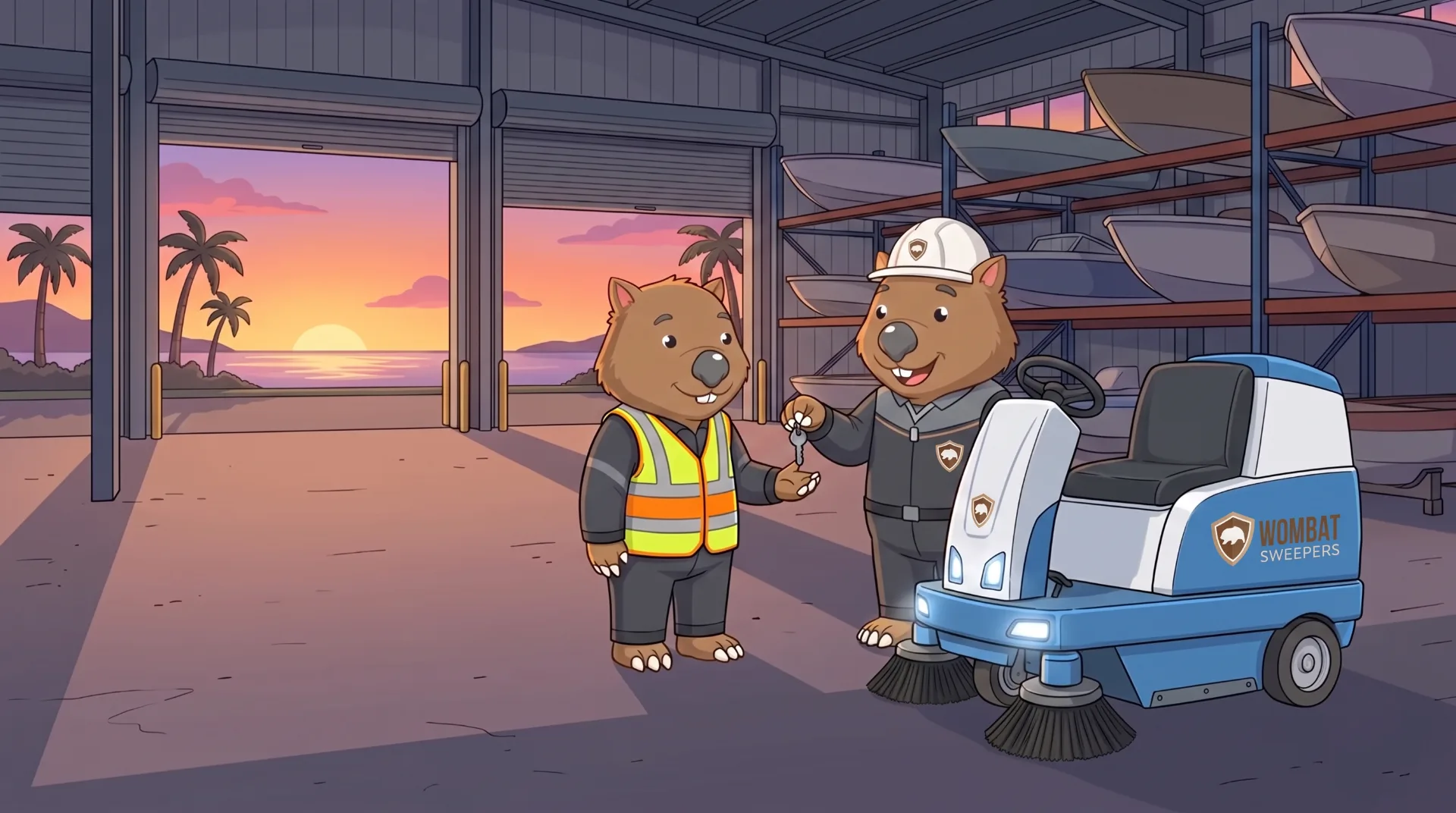 Wombat Sweepers mascot hands over keys to a ride-on sweeper parked on a client loading dock at dusk in the Redlands