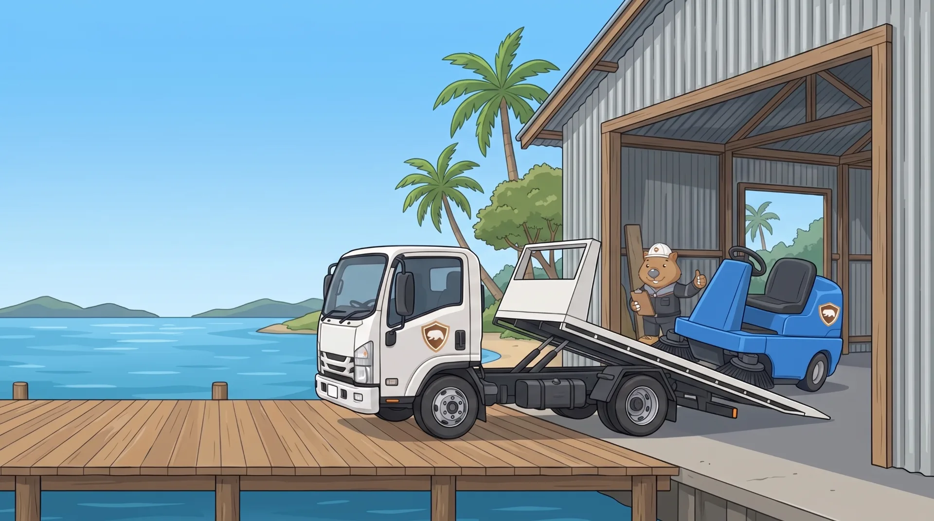 Wombat Sweepers mascot gives a thumbs up as a hire ride-on sweeper rolls off a tilt-tray delivery truck in the Redlands